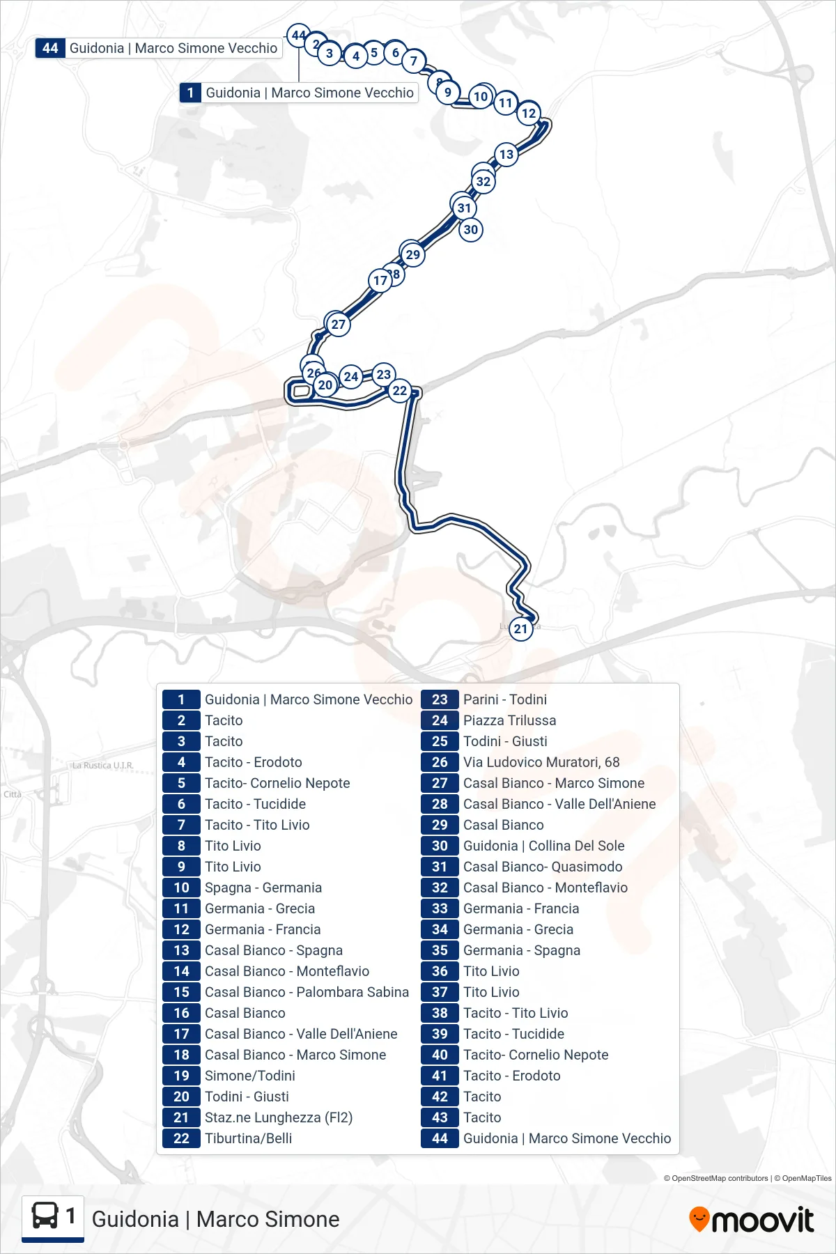 Linea 1 bus (Guidonia | Marco Simone) - Percorsi e fermate sulla mappa