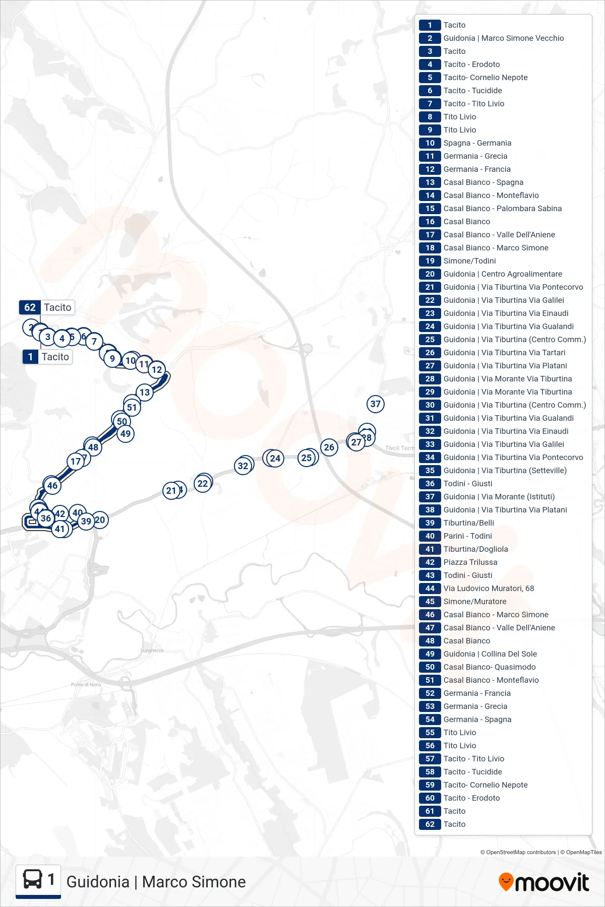 1 bus Line (Guidonia | Marco Simone) route and stops on a map