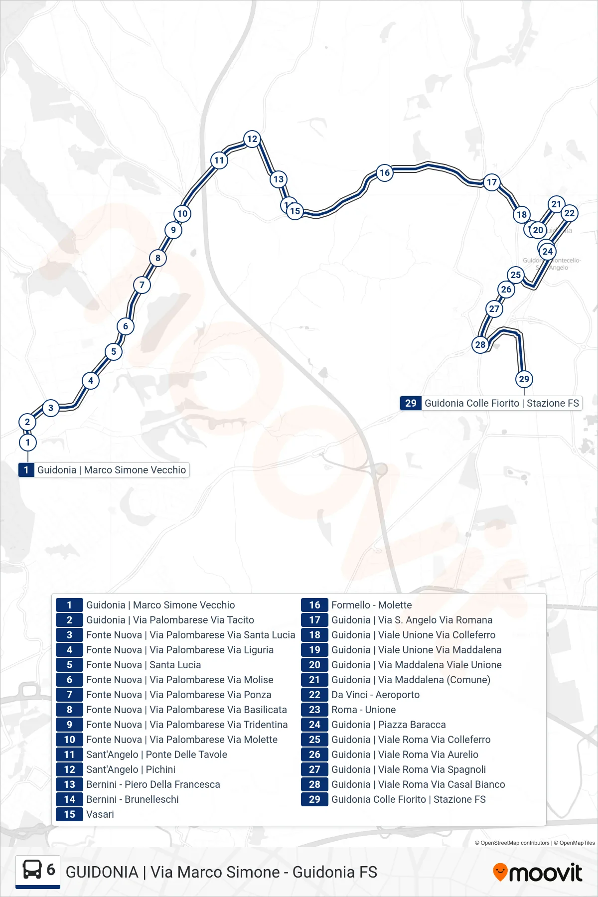 6 bus Line (Guidonia Colle Fiorito | Stazione FS) route and stops on a map
