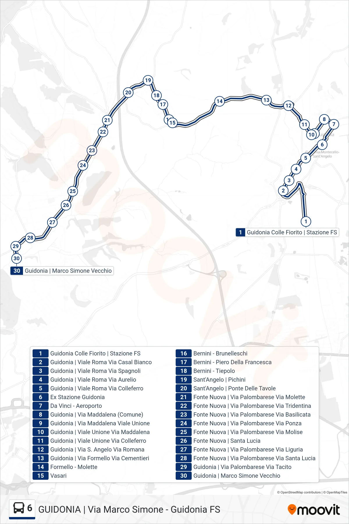 6 bus Line (Guidonia | Marco Simone Via Tacito) route and stops on a map