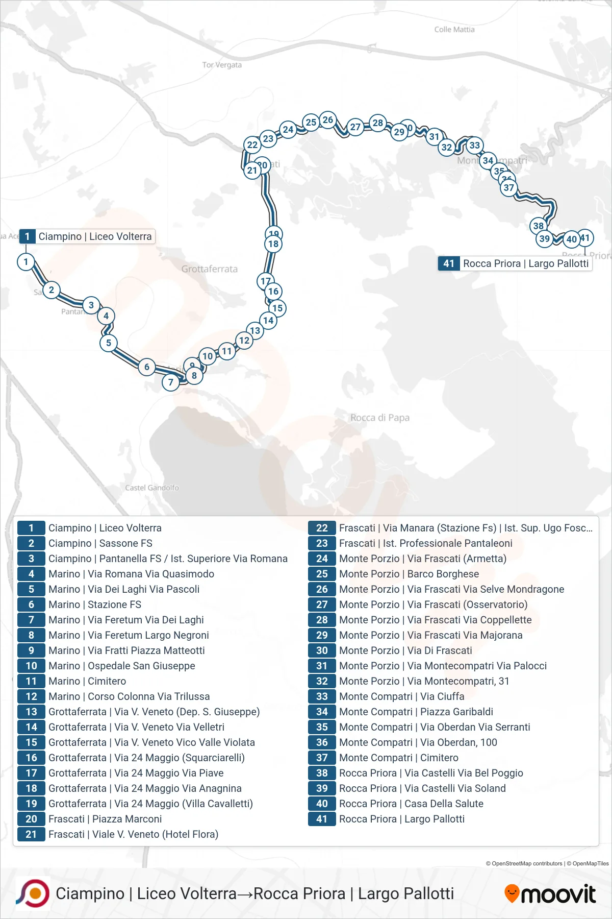 Linea COTRAL bus (Ciampino | Liceo Volterra→Rocca Priora | Largo Pallotti) - Percorsi e fermate sulla mappa
