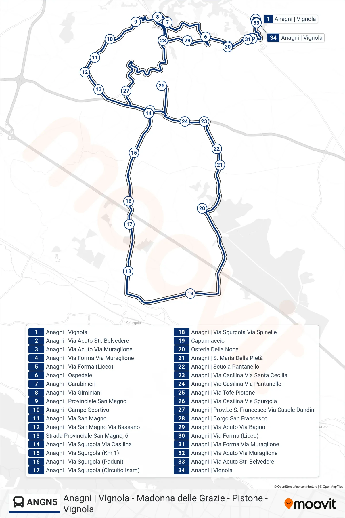 Linea ANGN5 bus (Vignola - Madonna delle Grazie - Pantanello - Vignola) - Percorsi e fermate sulla mappa