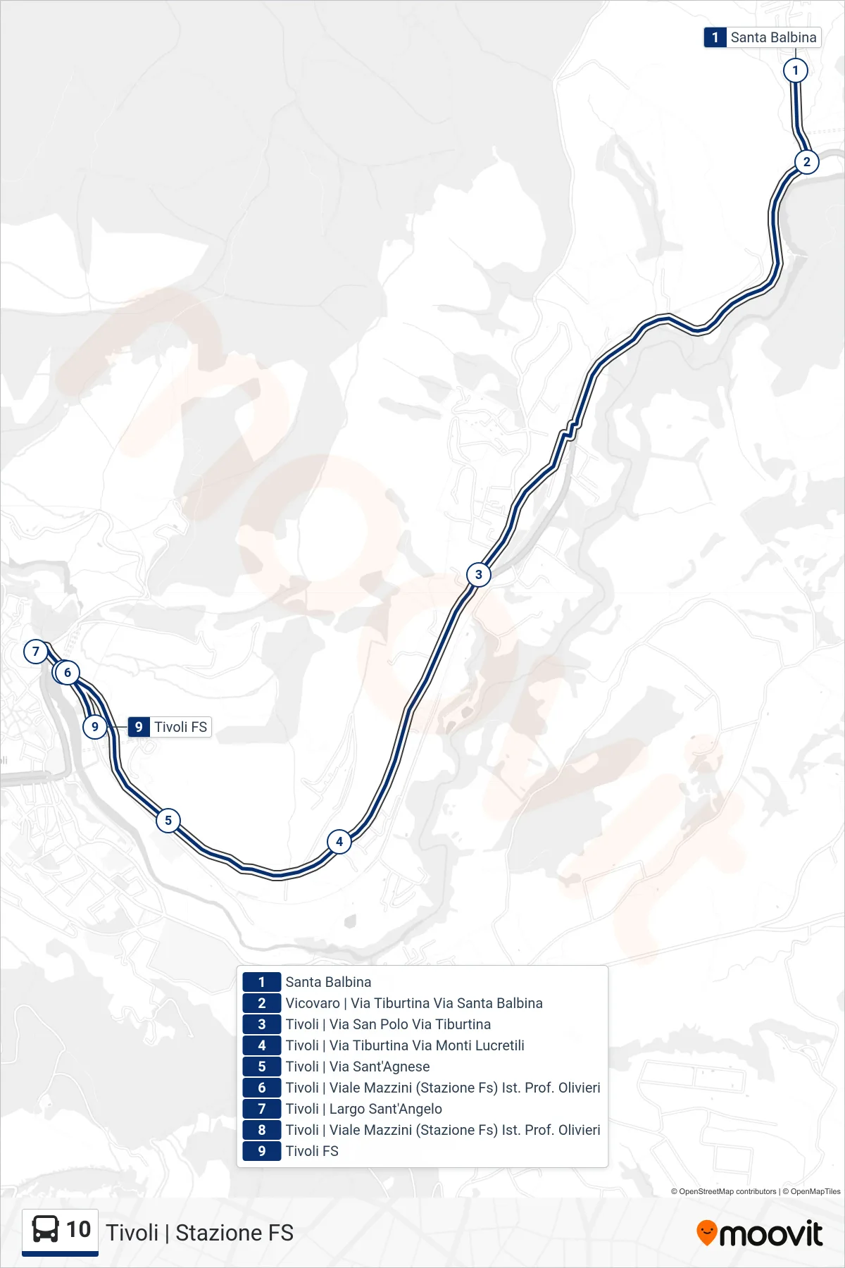 Linea 10 bus (Tivoli | Stazione FS) - Percorsi e fermate sulla mappa