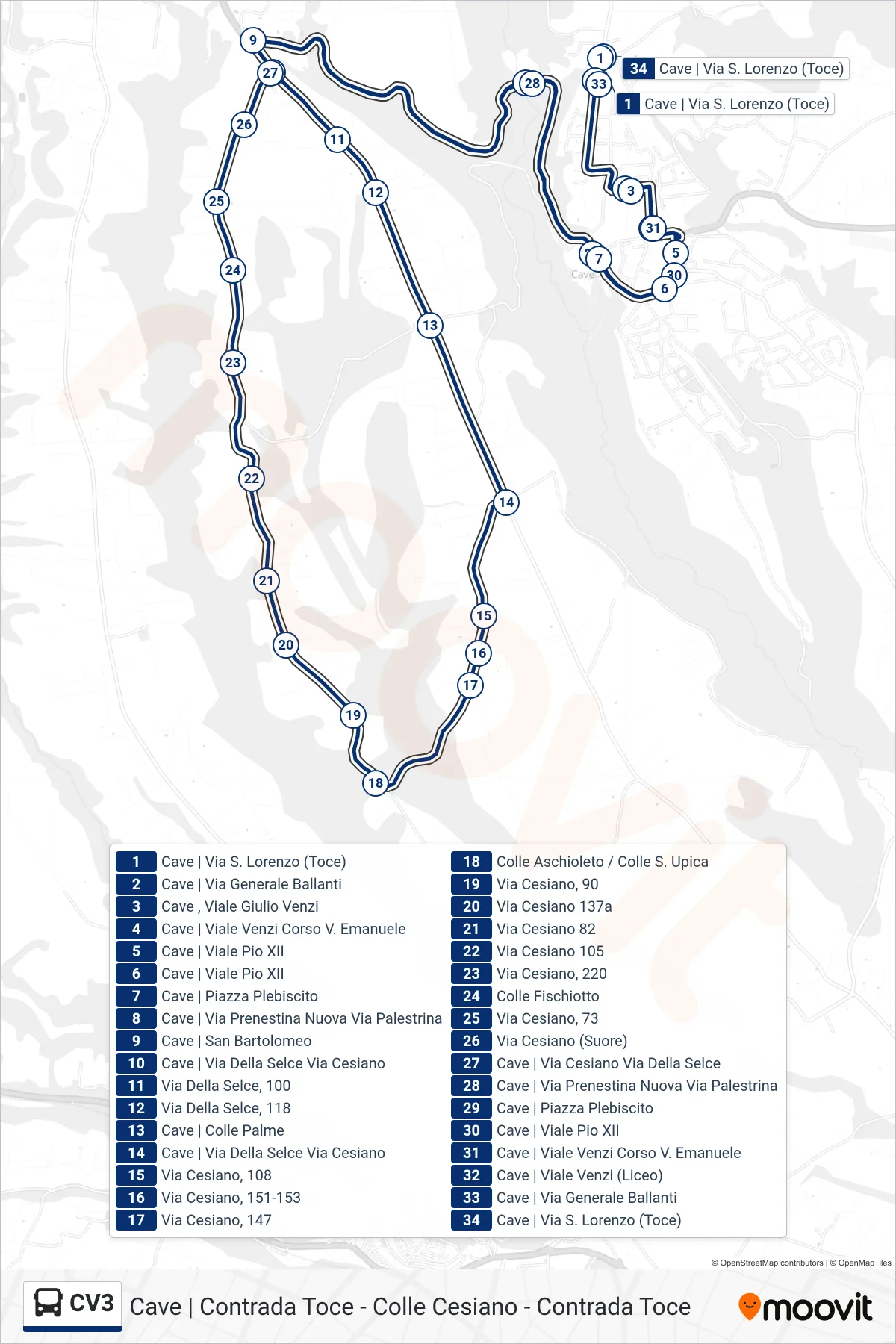 Linea CV3  bus (Contrada Toce - Colle Cesiano - Contrada Toce) - Percorsi e fermate sulla mappa