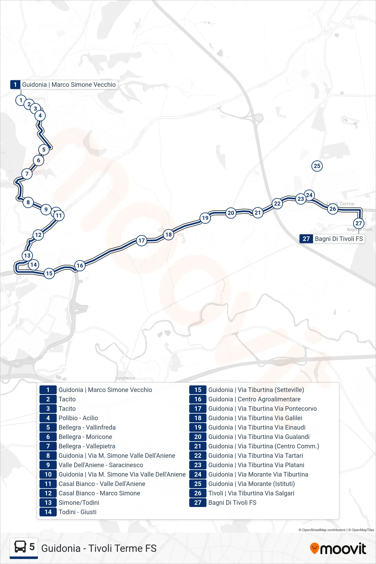 Linea 5 bus (BAGNI DI TIVOLI Stazione FS) - Percorsi e fermate sulla mappa