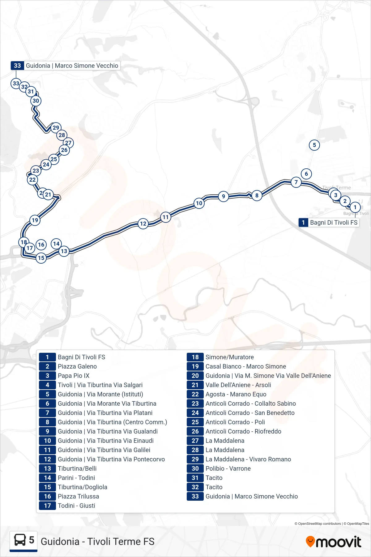 Linea 5 bus (GUIDONIA Via Marco Simone) - Percorsi e fermate sulla mappa