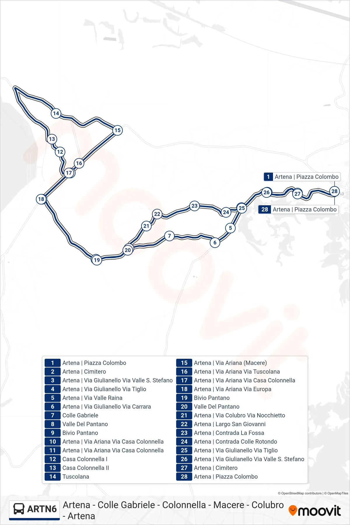 Linea ARTN6 bus (Artena - Colle Gabriele - Colonnella - Macere - Colubro - Artena) - Percorsi e fermate sulla mappa