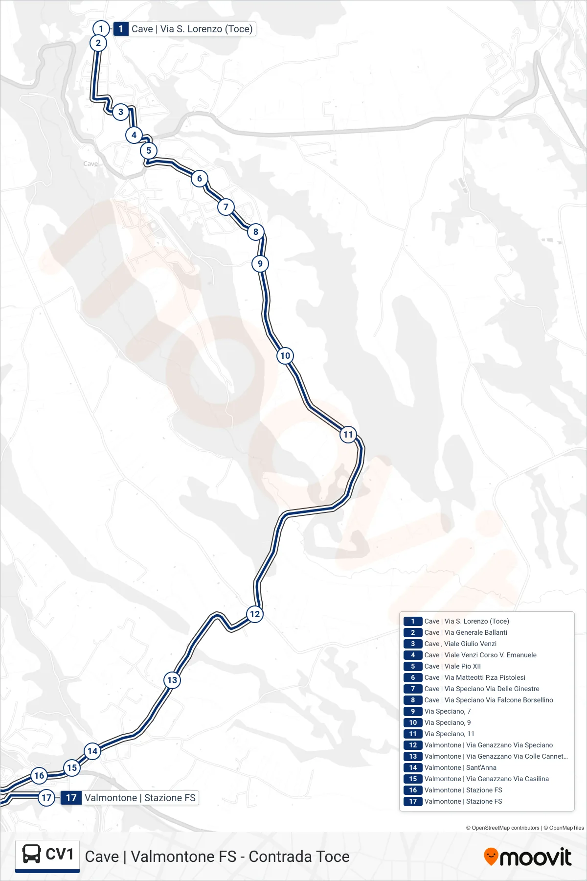Linea CV1 bus (Valmontone | Stazione FS) - Percorsi e fermate sulla mappa