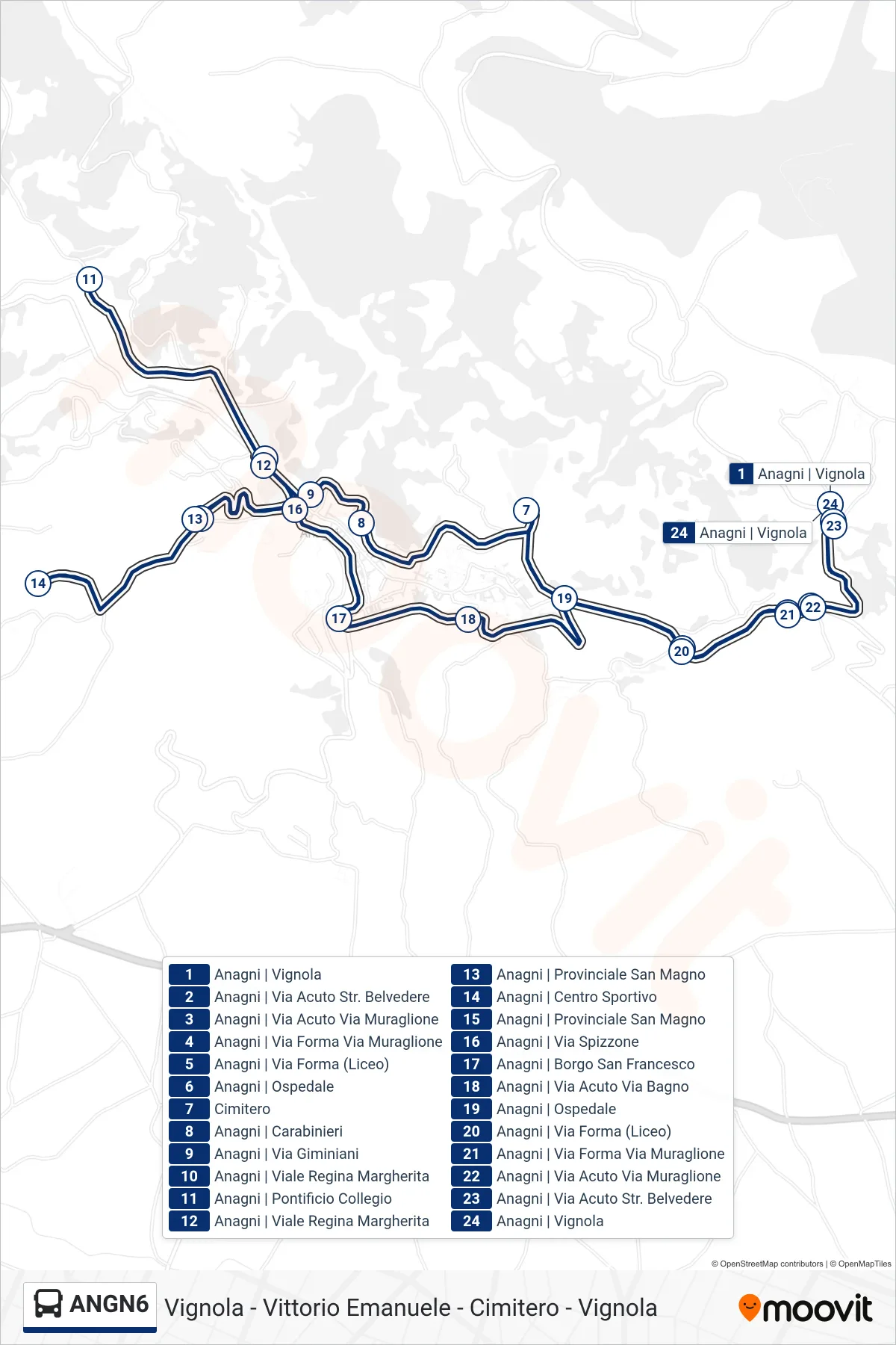 Linea ANGN6  bus (Vignola - Vittorio Emanuele - Cimitero - Vignola) - Percorsi e fermate sulla mappa