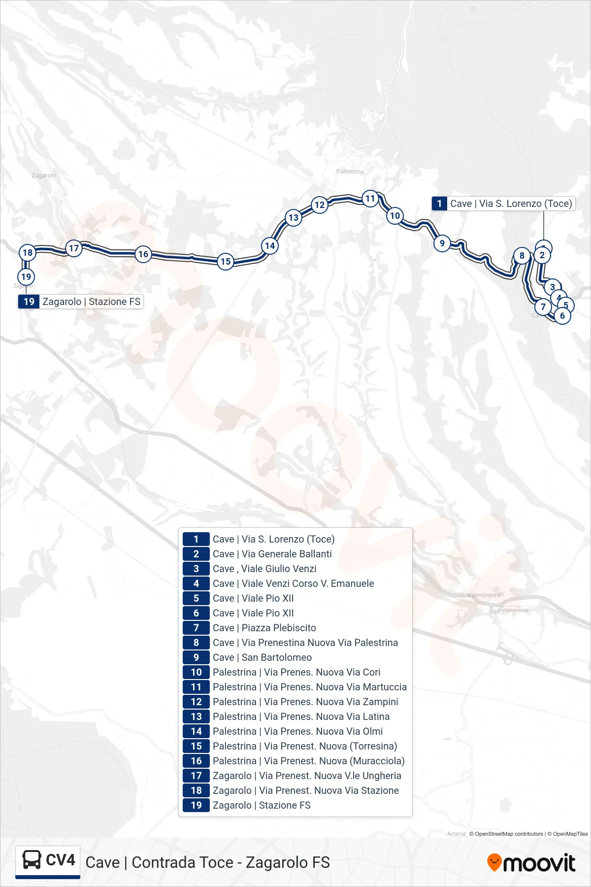 Linea CV4 bus (Zagarolo | Stazione FS) - Percorsi e fermate sulla mappa