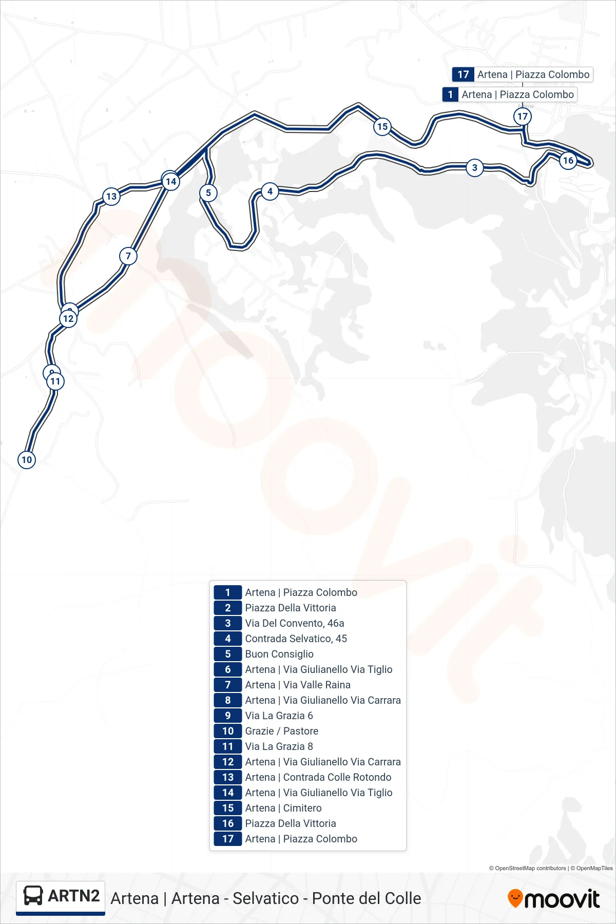 Linea ARTN2 bus (Artena - Selvatico - Ponte del Colle) - Percorsi e fermate sulla mappa