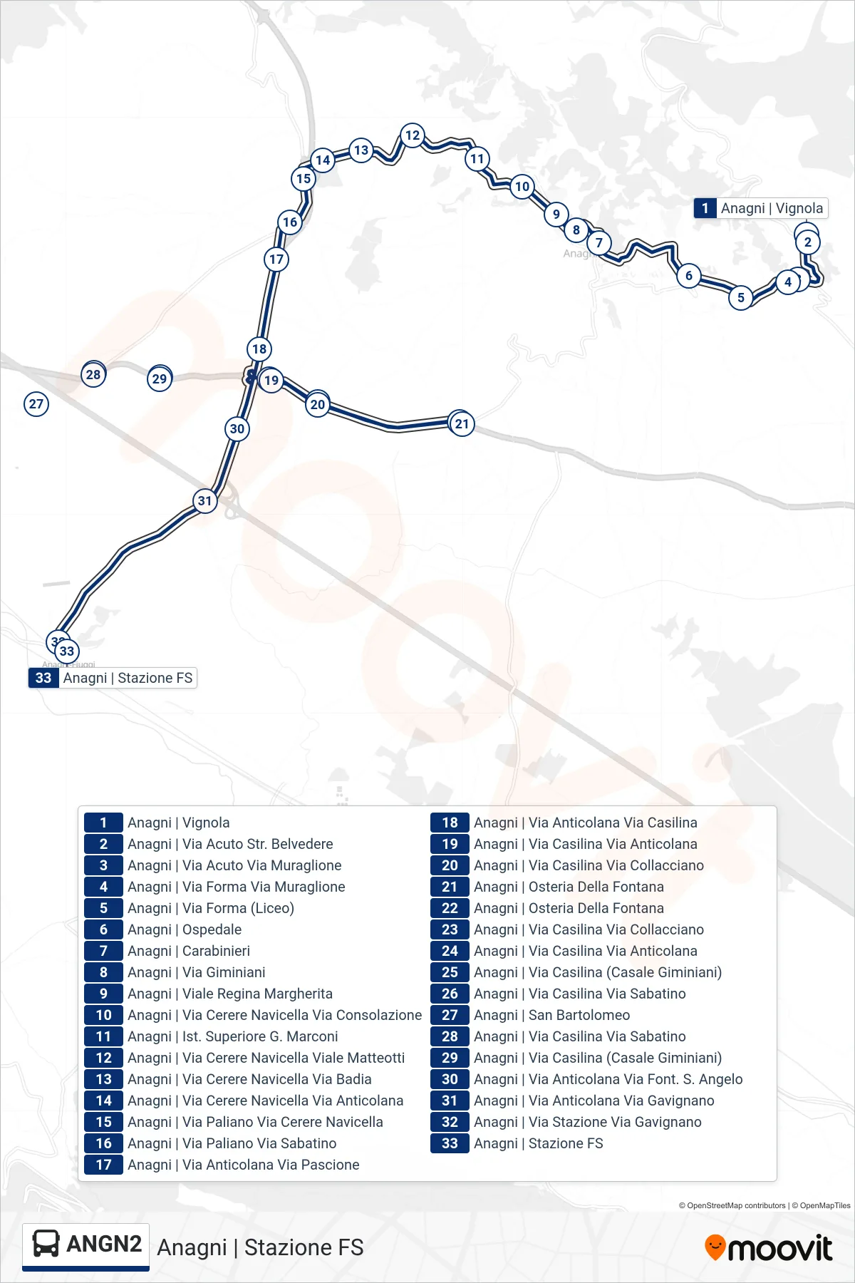 Linea ANGN2 bus (Anagni | Stazione FS) - Percorsi e fermate sulla mappa