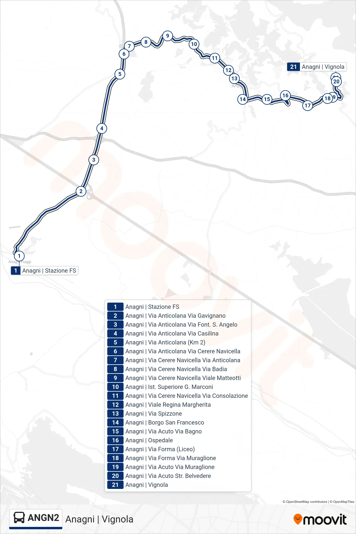Linea ANGN2 bus (Anagni | Vignola) - Percorsi e fermate sulla mappa