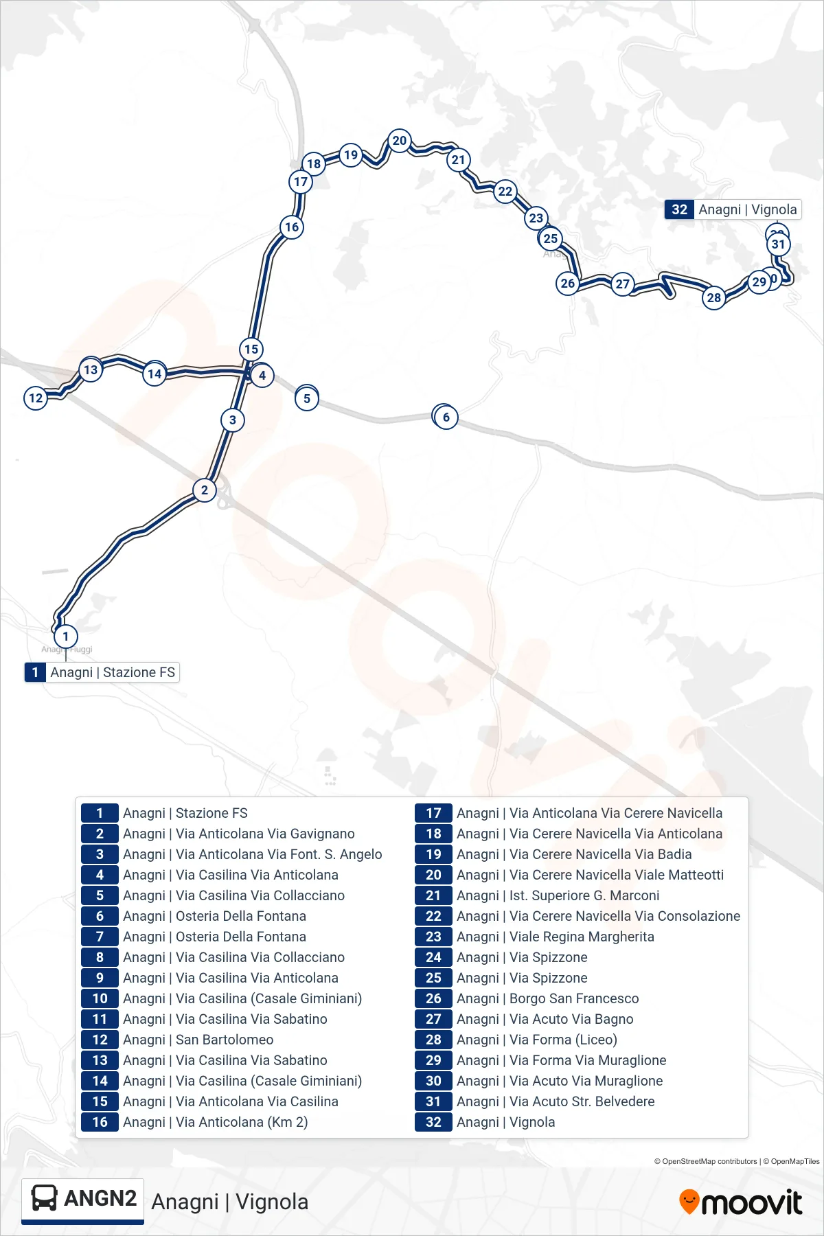 Linea ANGN2 bus (Anagni | Vignola) - Percorsi e fermate sulla mappa