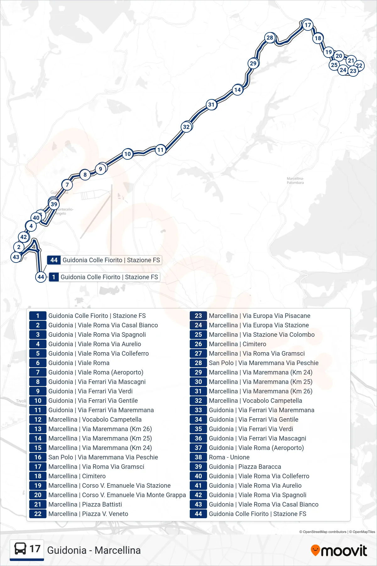 Linea 17 bus (Guidonia FS - Marcellina - Guidonia FS) - Percorsi e fermate sulla mappa