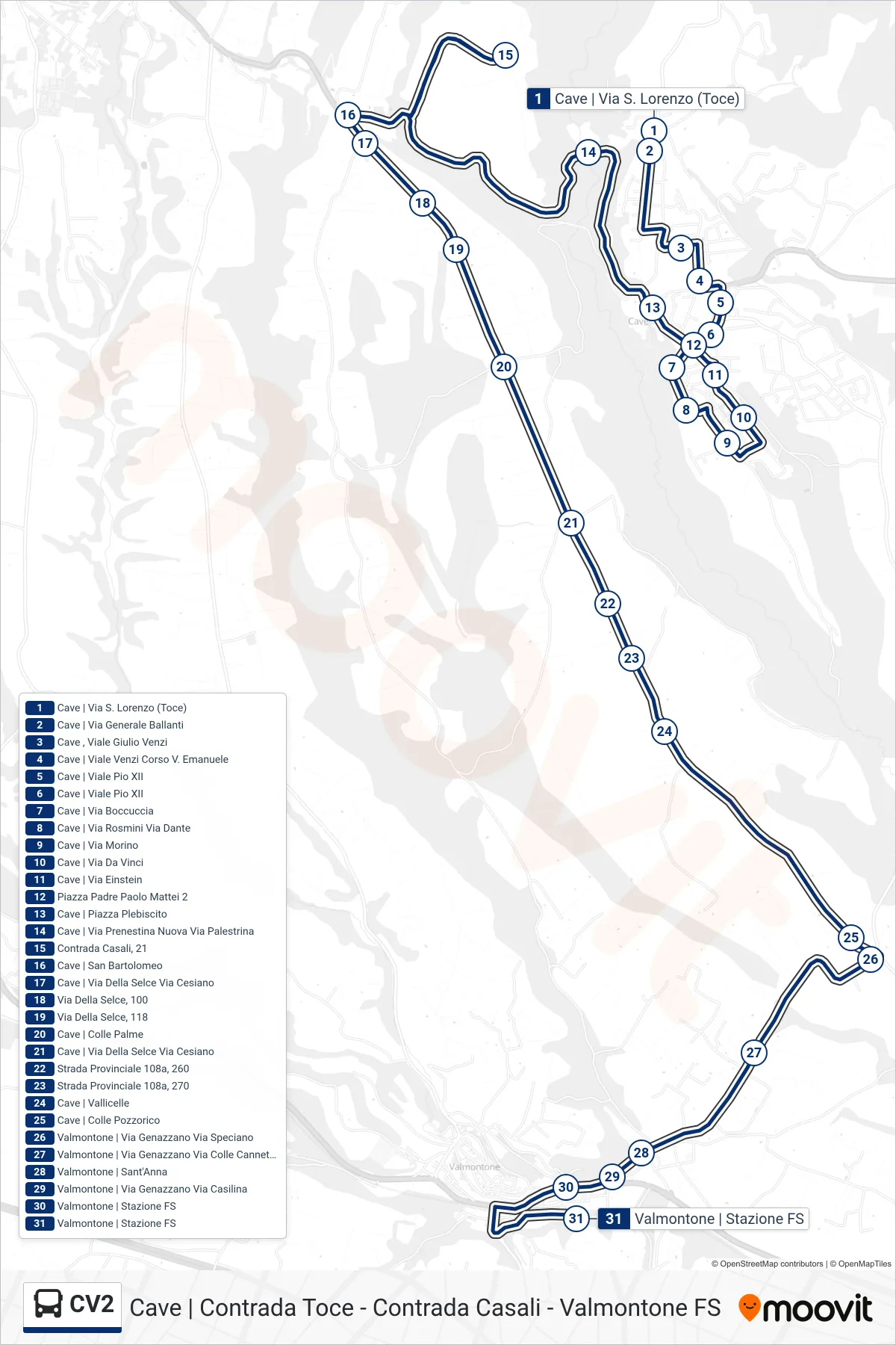 Linea CV2  bus (Valmontone | Stazione FS) - Percorsi e fermate sulla mappa
