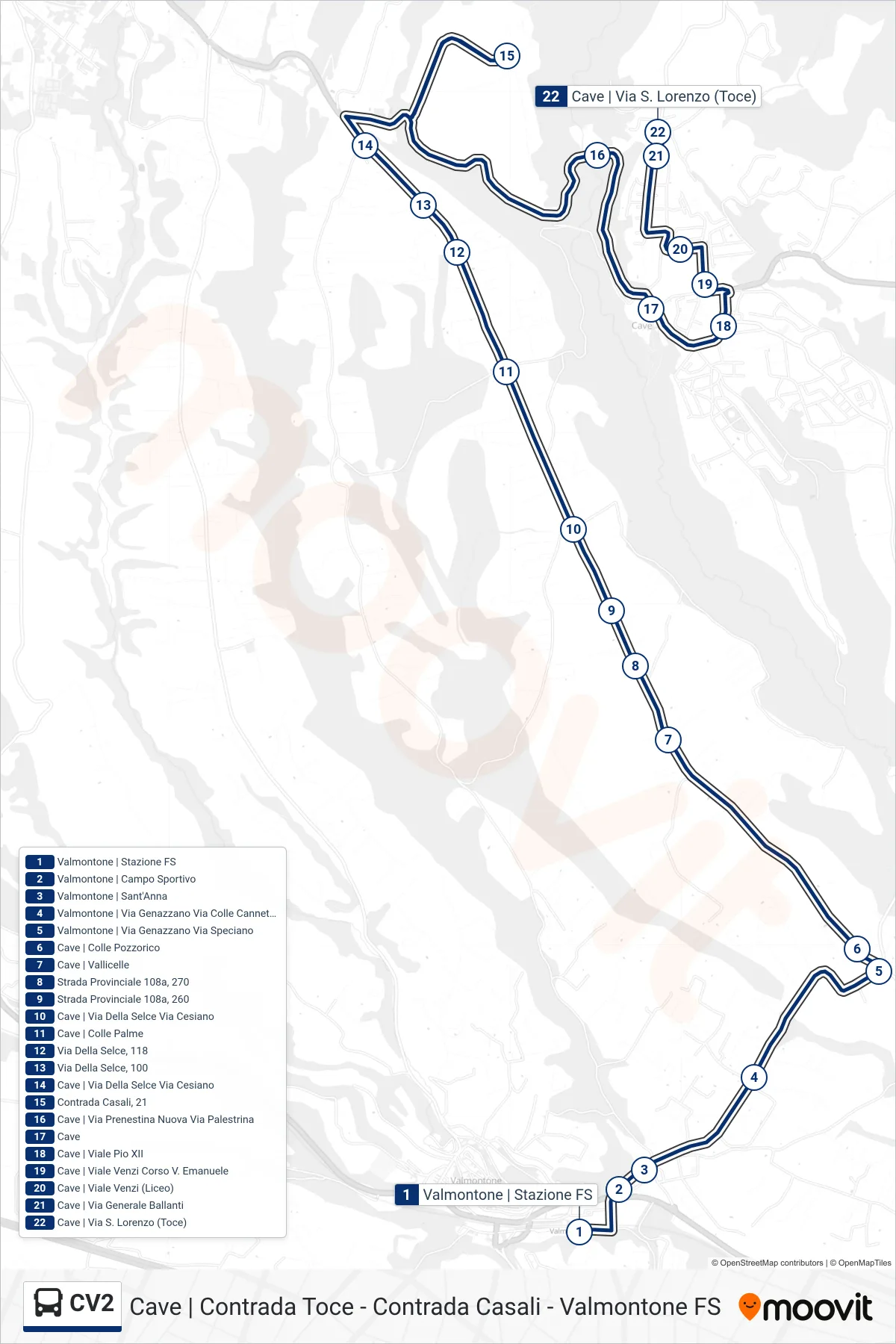 Linea CV2 bus (Cave | Via S. Lorenzo (Toce)) - Percorsi e fermate sulla mappa
