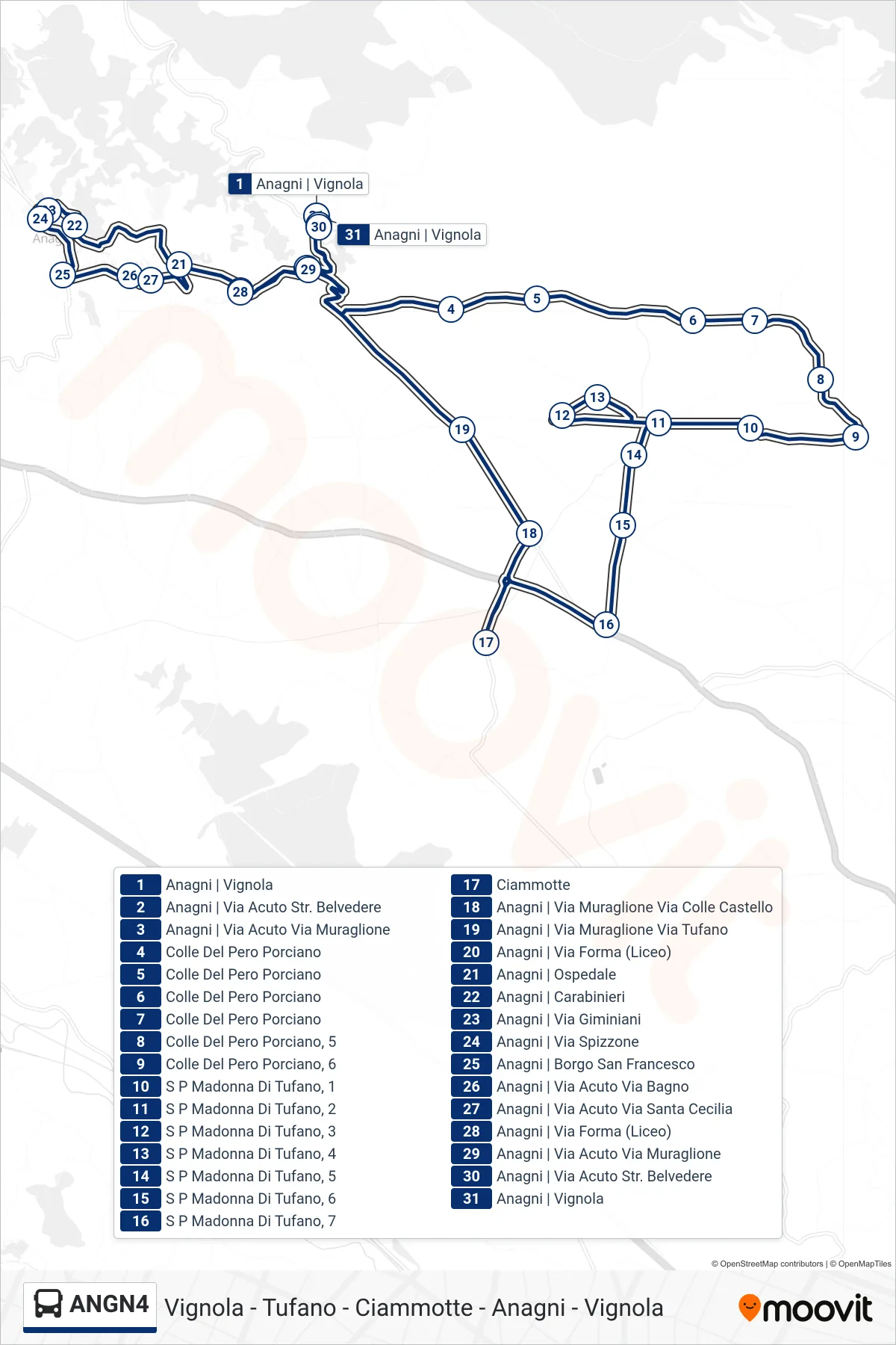 Linea ANGN4  bus (Vignola - Tufano - Ciammotte - Anagni - Vignola) - Percorsi e fermate sulla mappa
