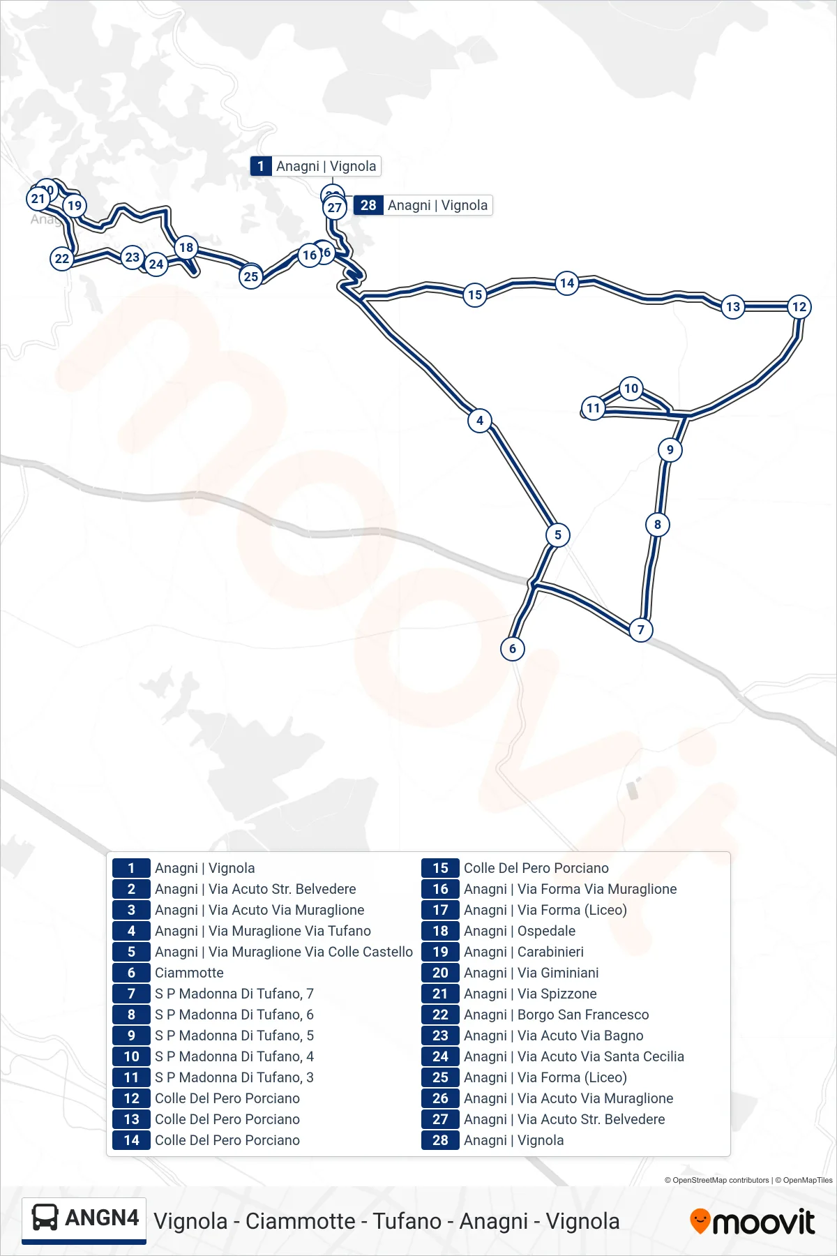Linea ANGN4 bus (Vignola - Ciammotte - Tufano - Anagni - Vignola) - Percorsi e fermate sulla mappa