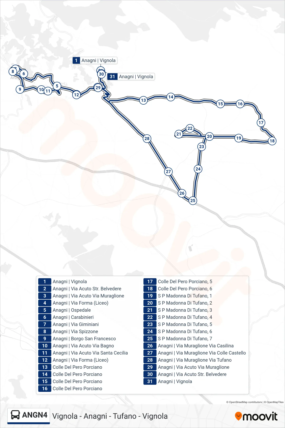 Linea ANGN4  bus (Vignola - Anagni - Tufano - Vignola) - Percorsi e fermate sulla mappa