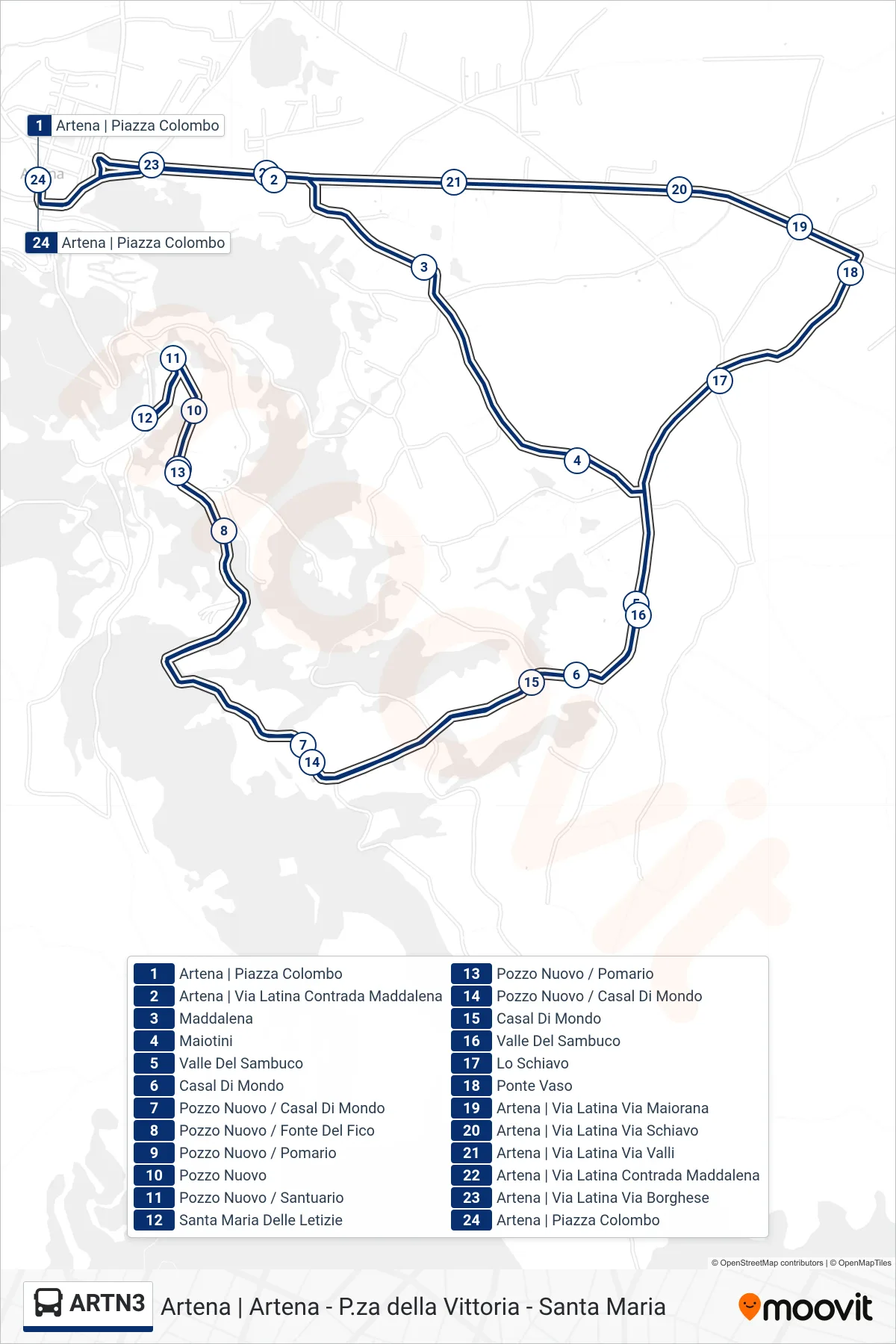 Linea ARTN3 bus (Artena - Casal di Mondo - Santuario - Ponte Vaso - Artena) - Percorsi e fermate sulla mappa