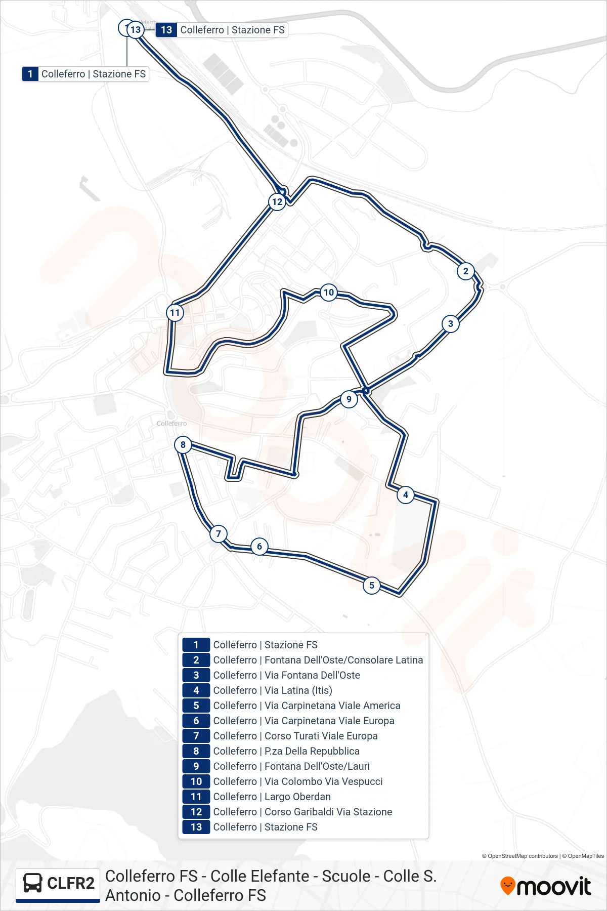 Linea CLFR2 bus (Colleferro FS - Colle Elefante - Scuole - Colle S. Antonio - Colleferro FS) - Percorsi e fermate sulla mappa