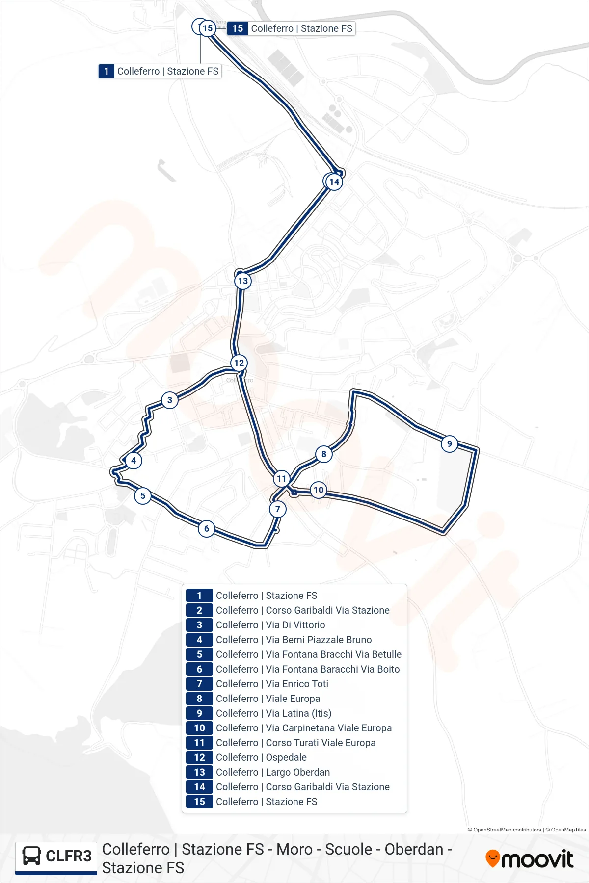 Linea CLFR3 bus (Colleferro FS - P.za Moro - Scuole - P.za Oberdan - Colleferro FS) - Percorsi e fermate sulla mappa