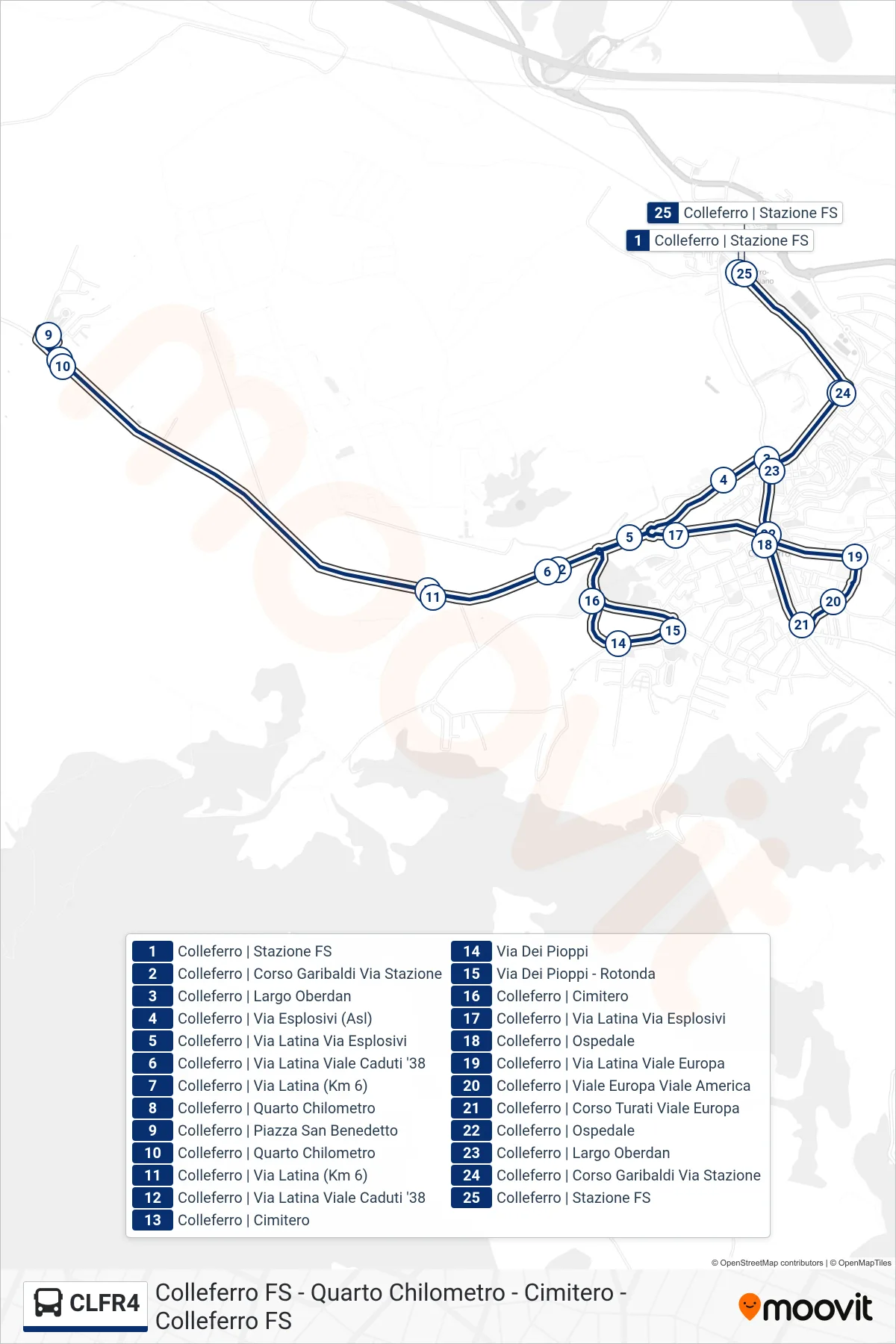 CLFR4 bus Line (Colleferro FS - Quarto Chilometro - Cimitero - Colleferro FS) route and stops on a map
