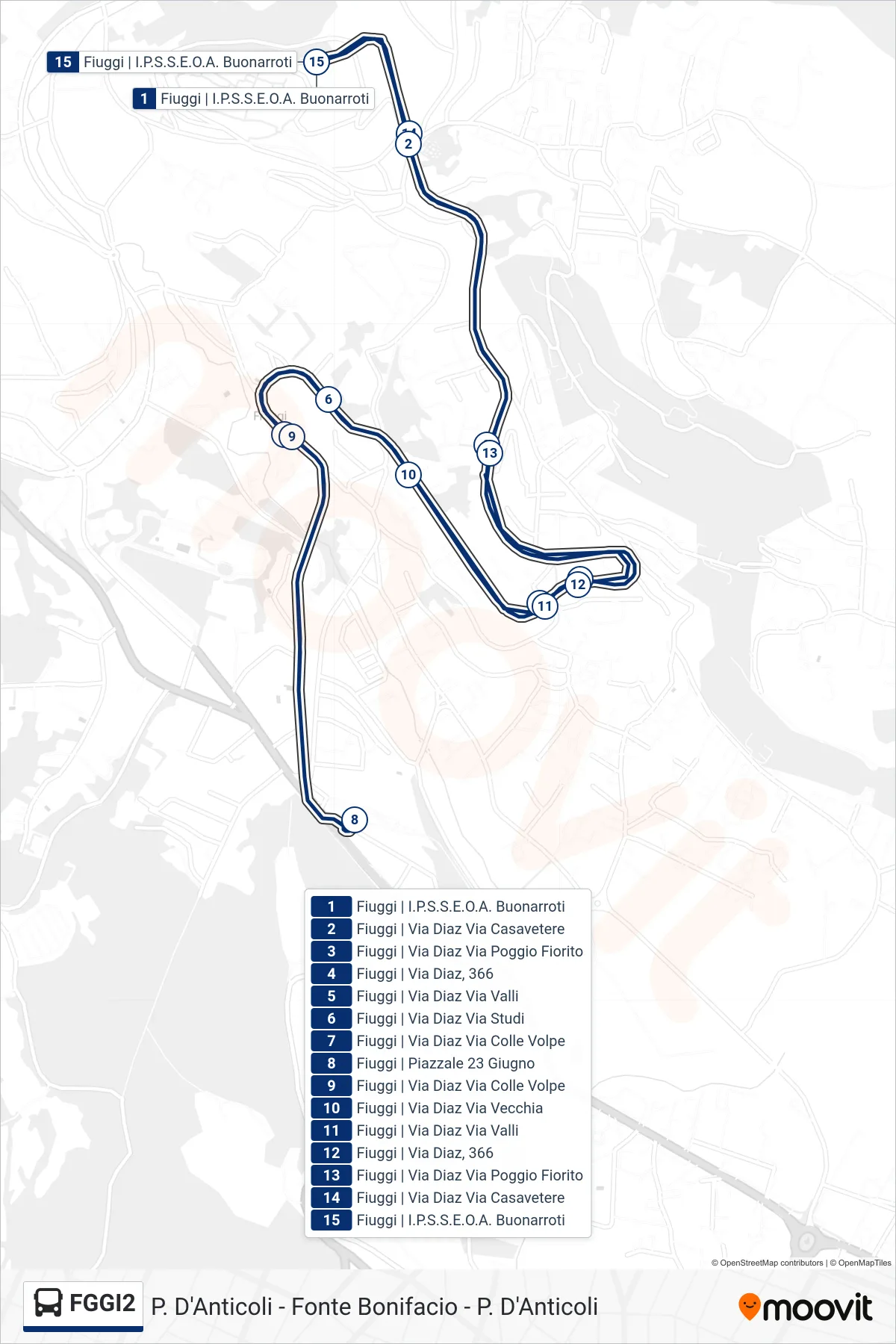 Linea FGGI2 bus (P. D'Anticoli - Fonte Bonifacio - P. D'Anticoli) - Percorsi e fermate sulla mappa