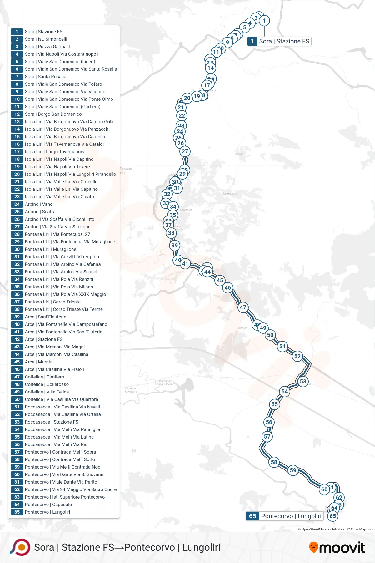 Linea COTRAL bus (Sora | Stazione FS→Pontecorvo | Lungoliri) - Percorsi e fermate sulla mappa