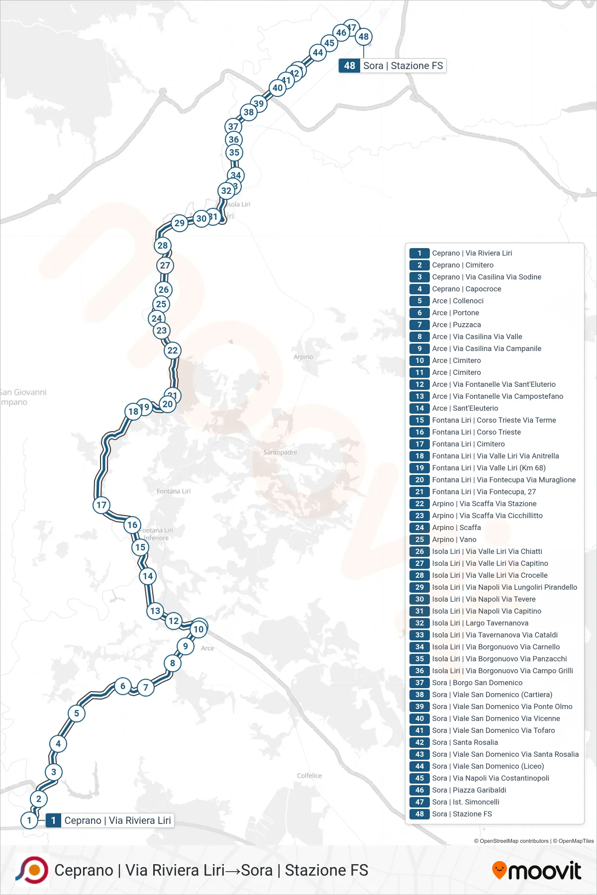 Linea COTRAL bus (Ceprano | Via Riviera Liri→Sora | Stazione FS) - Percorsi e fermate sulla mappa