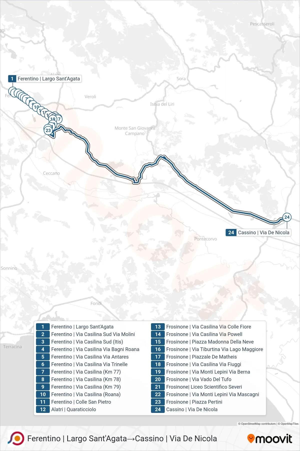 Linea COTRAL bus (Ferentino | Largo Sant'Agata→Cassino | Via De Nicola) - Percorsi e fermate sulla mappa