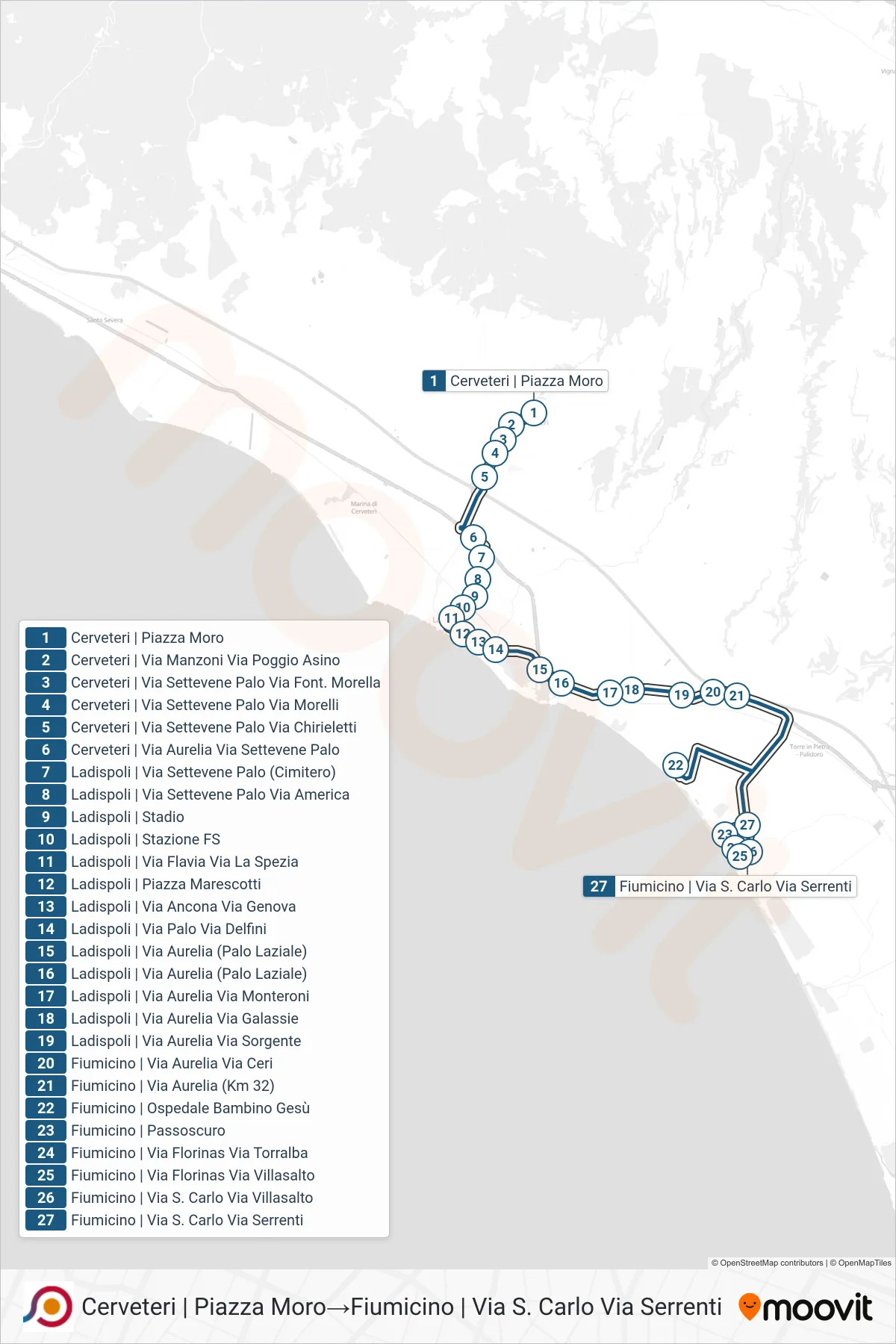 Linea COTRAL bus (Cerveteri | Piazza Moro→Fiumicino | Via S. Carlo Via Serrenti) - Percorsi e fermate sulla mappa