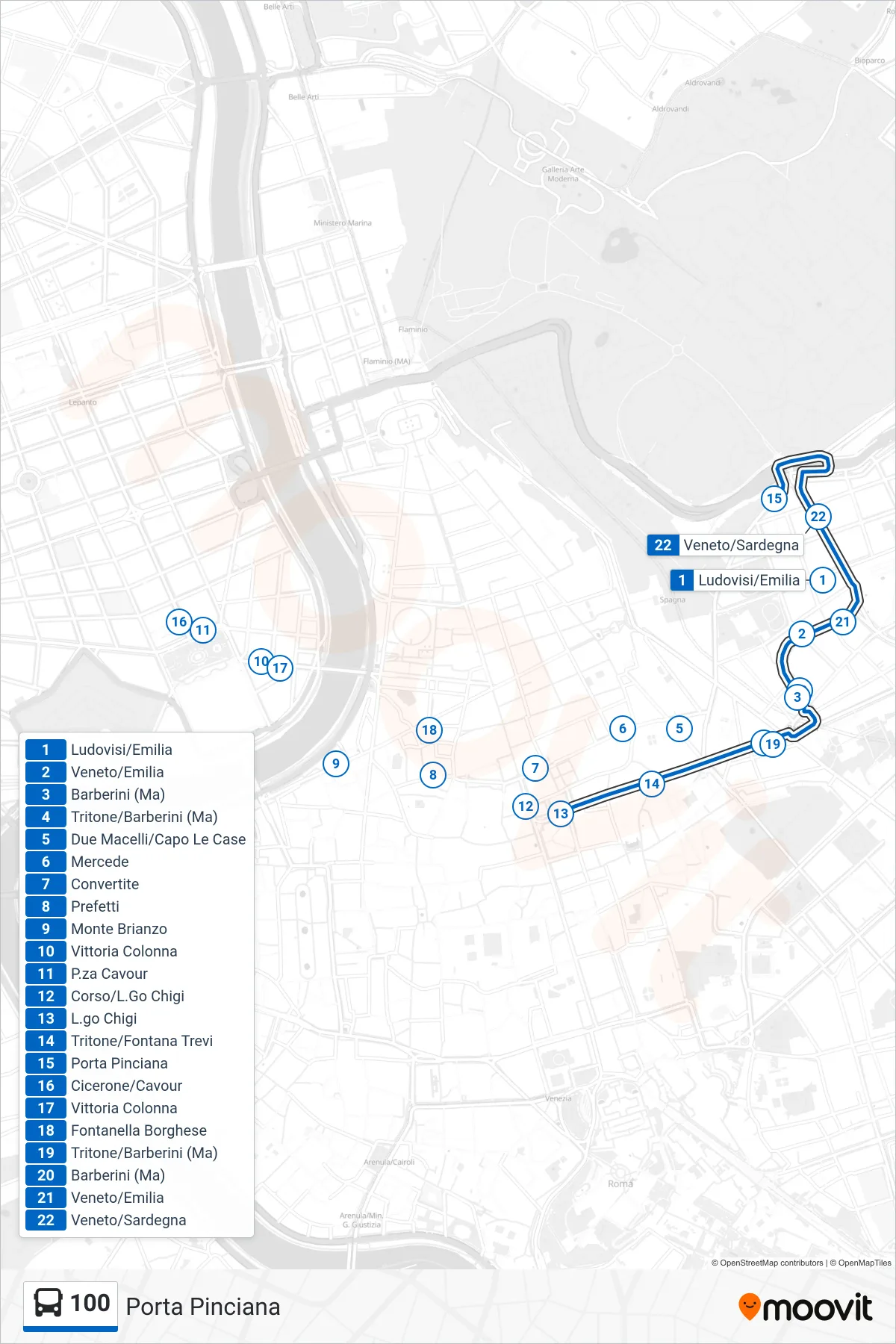 Linea 100 bus (Porta Pinciana) - Percorsi e fermate sulla mappa