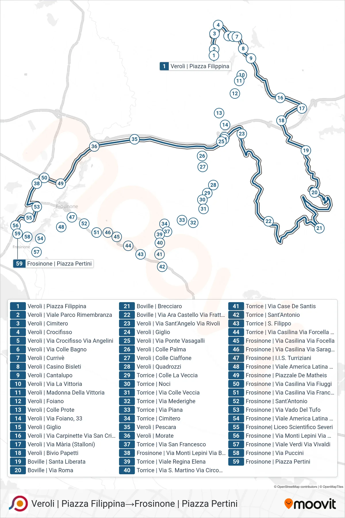 Linea COTRAL bus (Veroli | Piazza Filippina→Frosinone | Piazza Pertini) - Percorsi e fermate sulla mappa