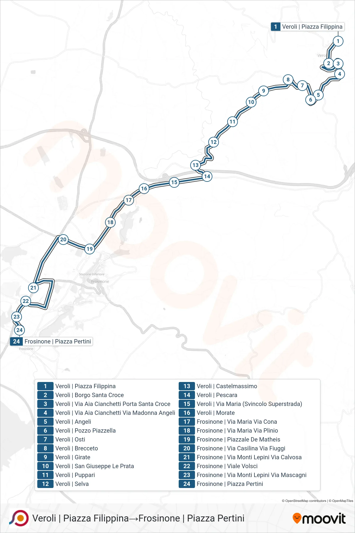 Linea COTRAL bus (Veroli | Piazza Filippina→Frosinone | Piazza Pertini) - Percorsi e fermate sulla mappa