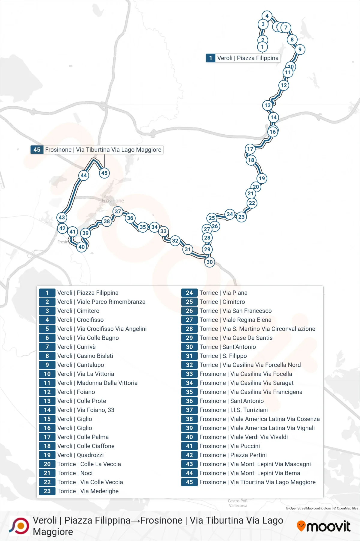 Linea COTRAL bus (Veroli | Piazza Filippina→Frosinone | Via Tiburtina Via Lago Maggiore) - Percorsi e fermate sulla mappa