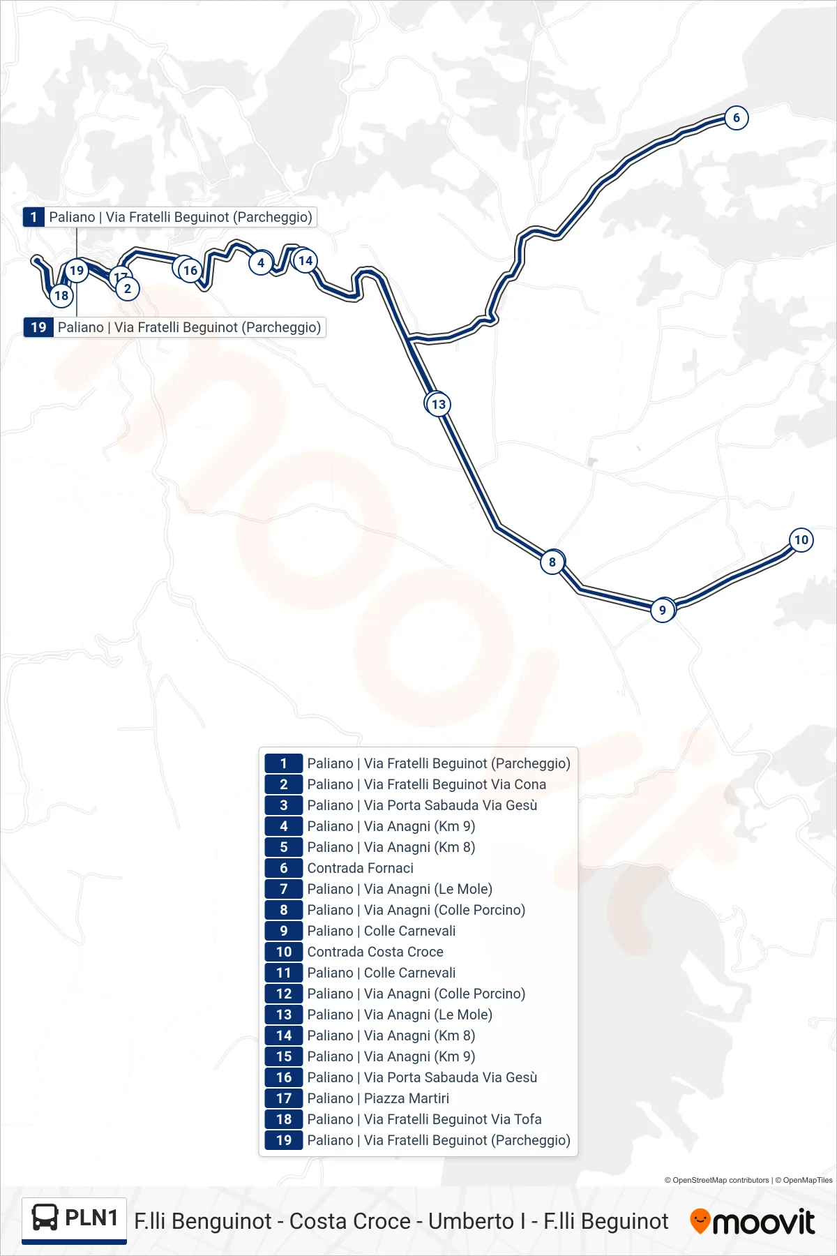 PLN1 bus Line (F.lli Benguinot - Costa Croce - Umberto I - F.lli Beguinot) route and stops on a map