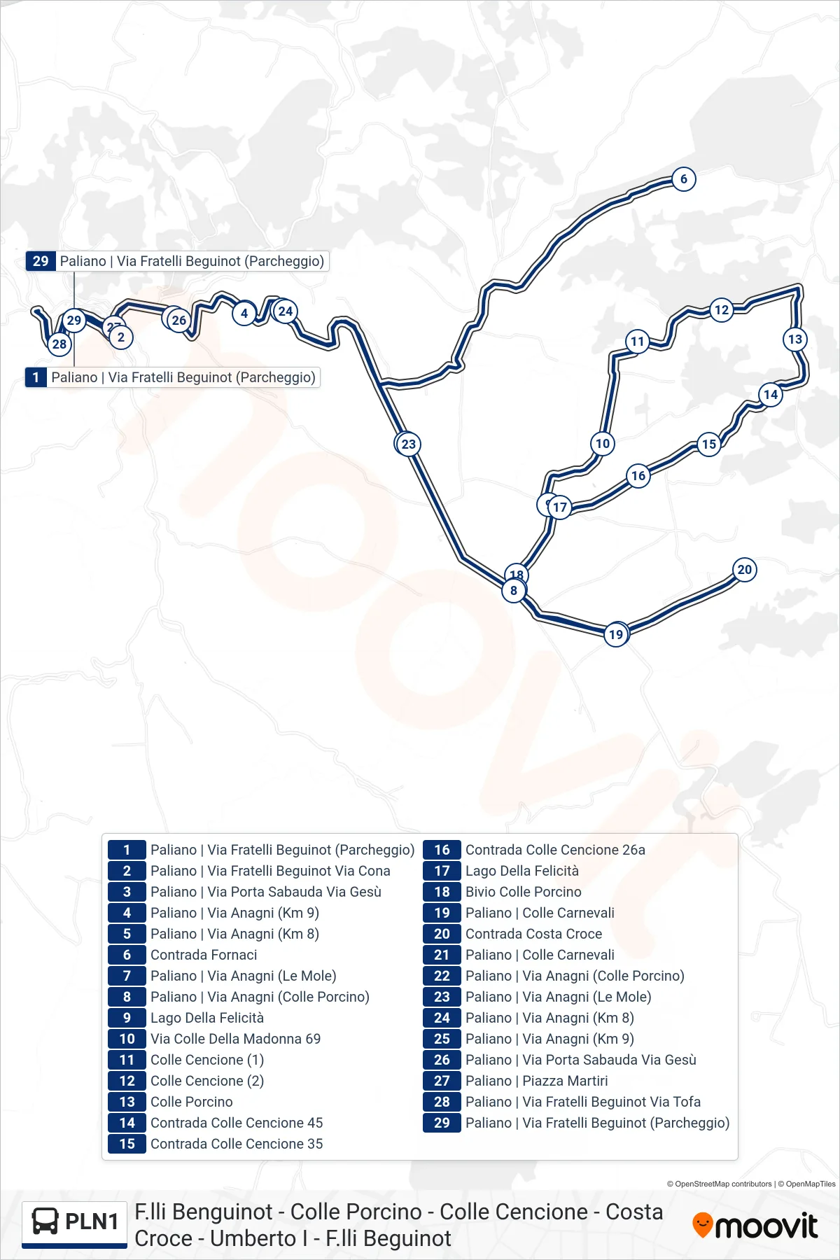 PLN1 bus Line (F.lli Benguinot - Colle Porcino - Colle Cencione - Costa Croce - Umberto I - F.lli Beguinot) route and stops on a map