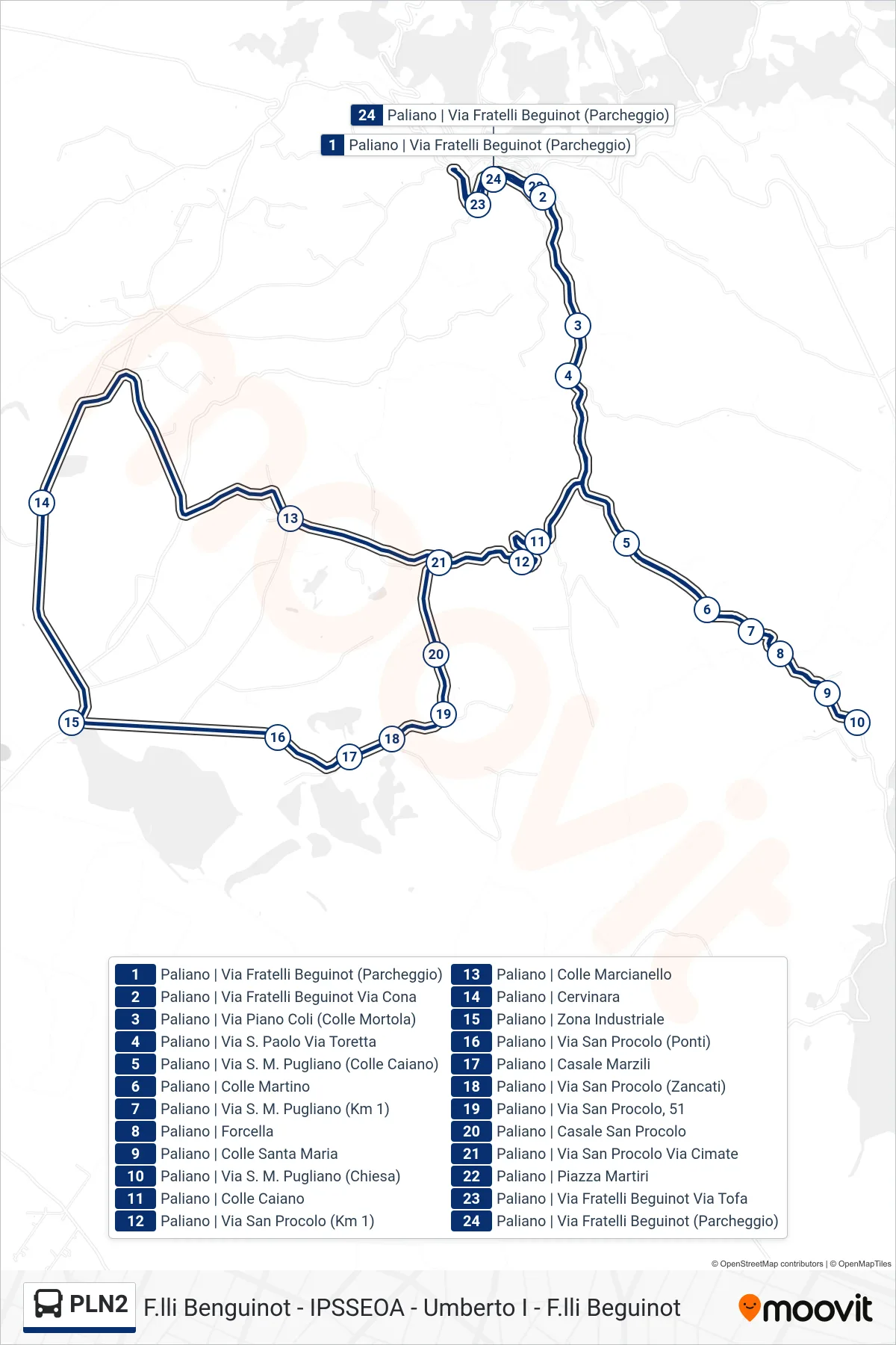Linea PLN2 bus (F.lli Benguinot - IPSSEOA - Umberto I - F.lli Beguinot) - Percorsi e fermate sulla mappa