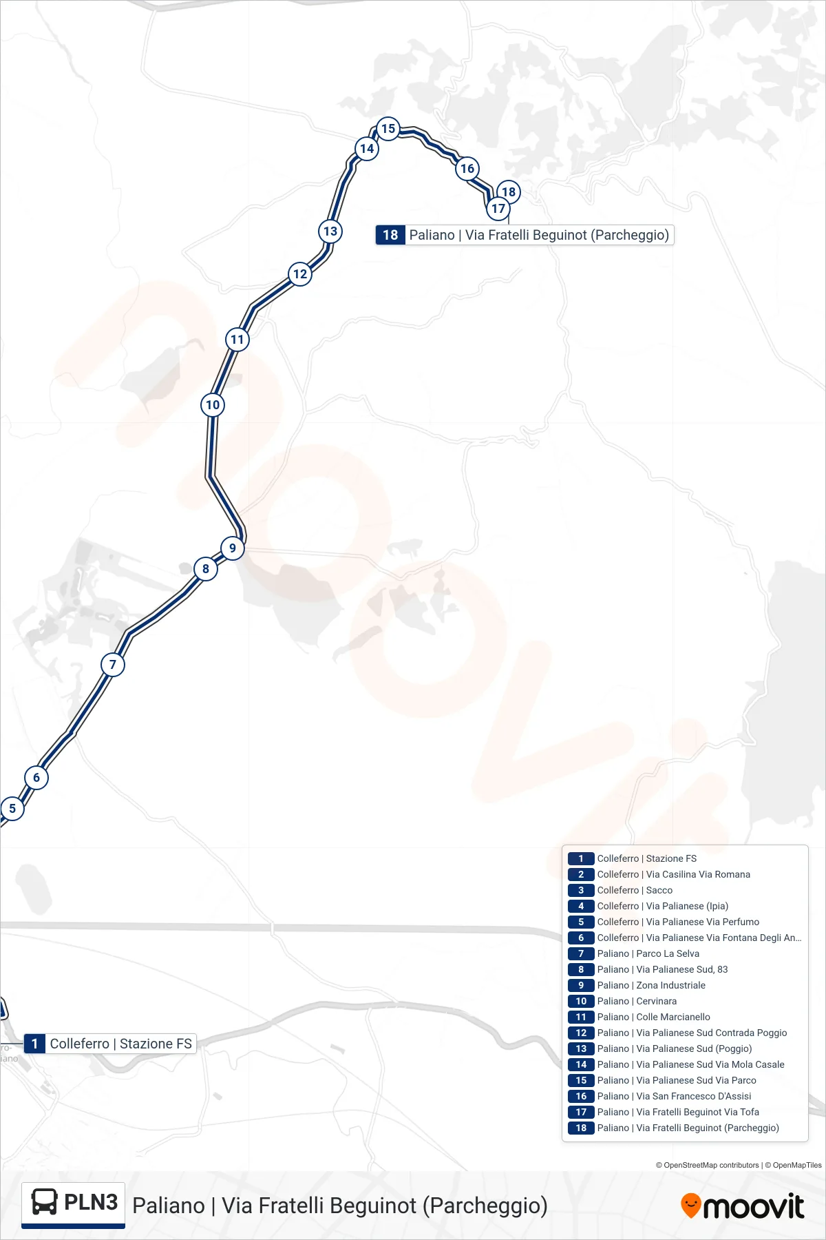 Linea PLN3 bus (Paliano | Via Fratelli Beguinot (Parcheggio)) - Percorsi e fermate sulla mappa