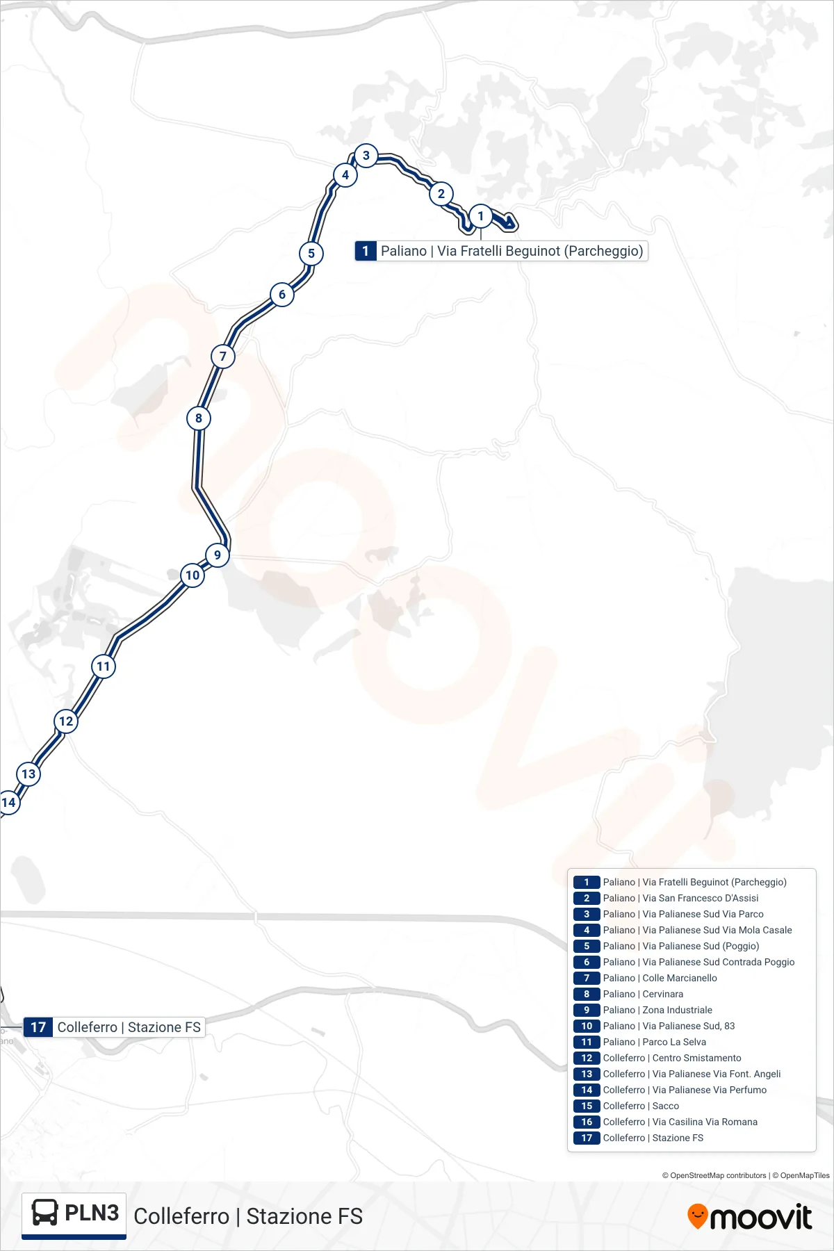 Linea PLN3 bus (Colleferro | Stazione FS) - Percorsi e fermate sulla mappa