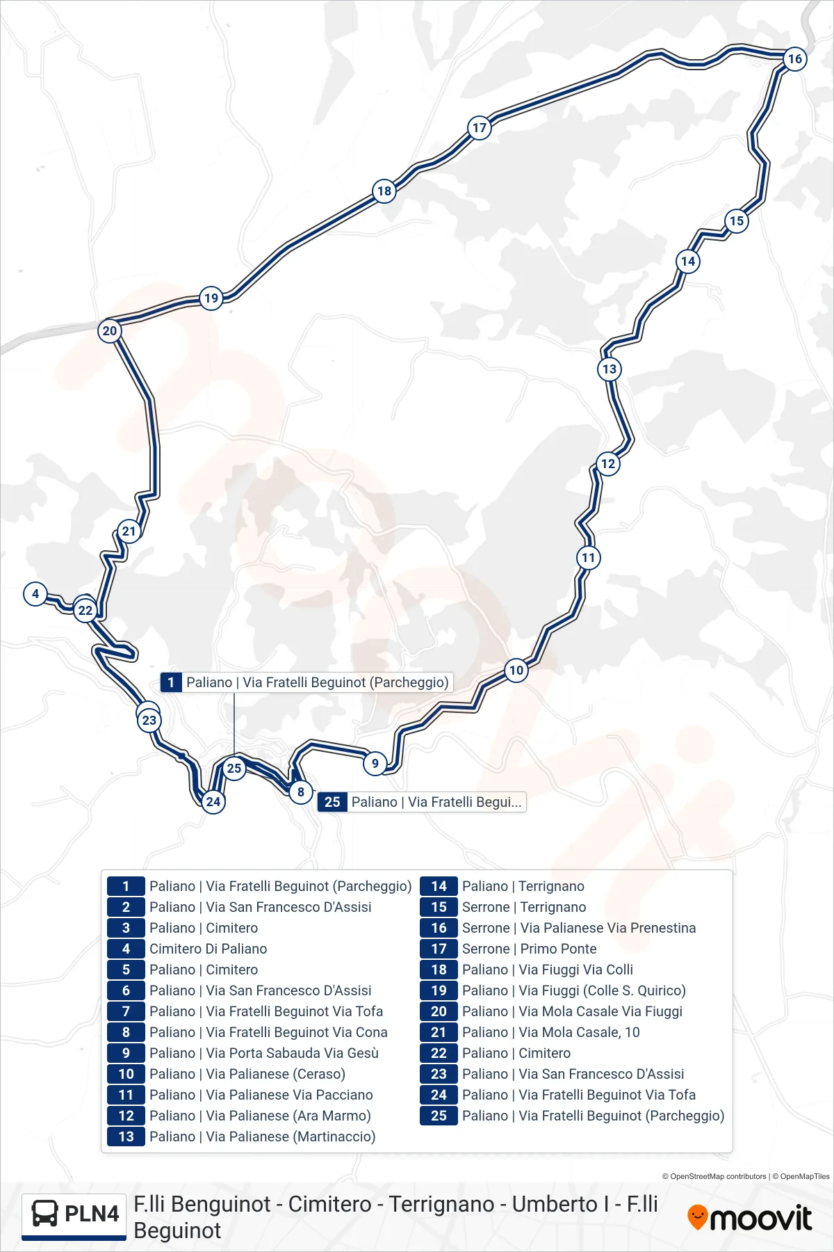 Linea PLN4 bus (F.lli Benguinot - Cimitero - Terrignano - Umberto I - F.lli Beguinot) - Percorsi e fermate sulla mappa