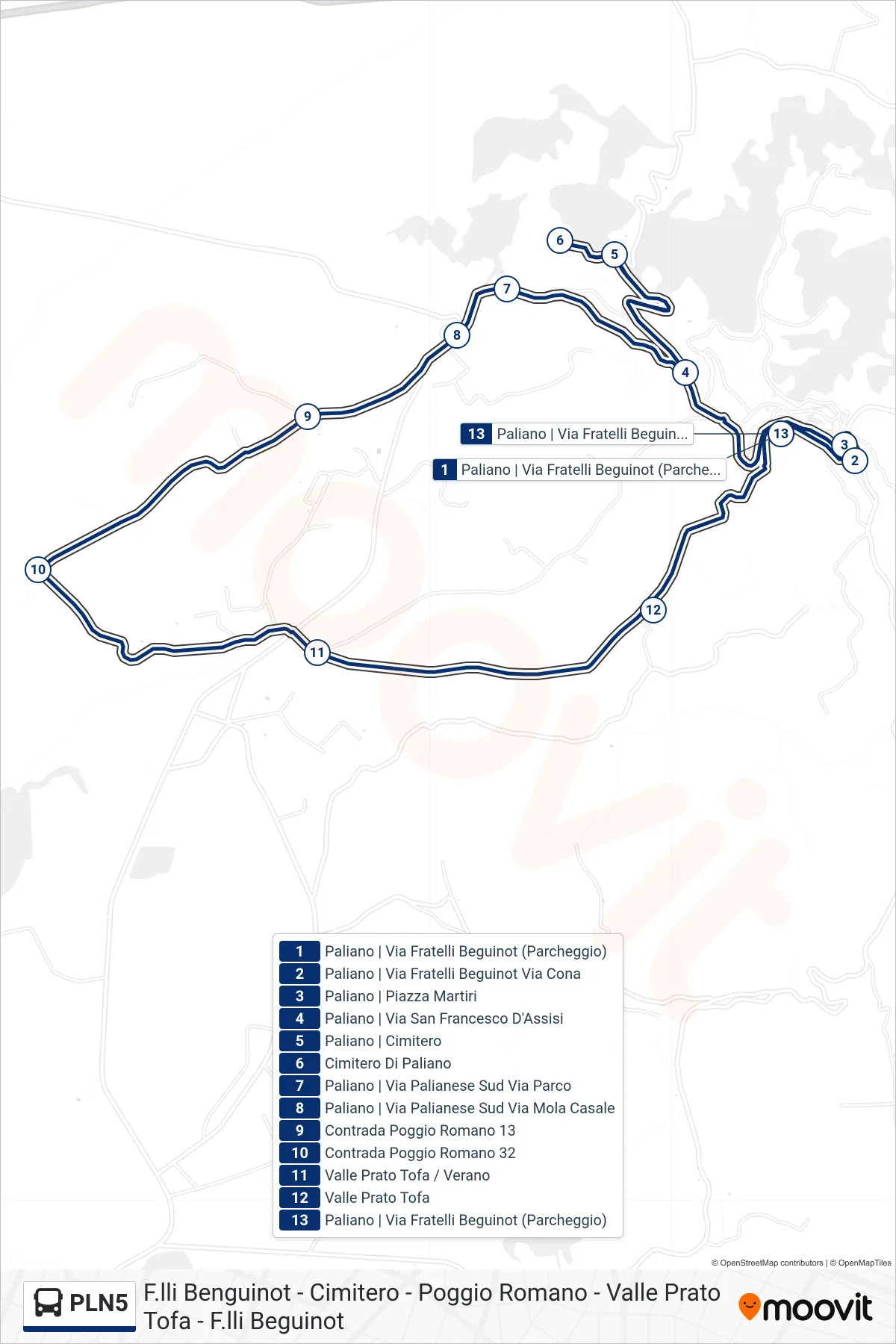 Linea PLN5 bus (F.lli Benguinot - Cimitero - Poggio Romano - Valle Prato Tofa - F.lli Beguinot) - Percorsi e fermate sulla mappa