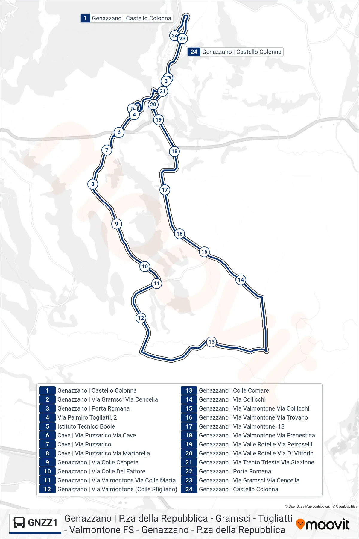 Linea GNZZ1 bus (P.za della Repubblica - Gramsci - Togliatti - Valmontone FS - Genazzano - P.za della Repubblica) - Percorsi e fermate sulla mappa