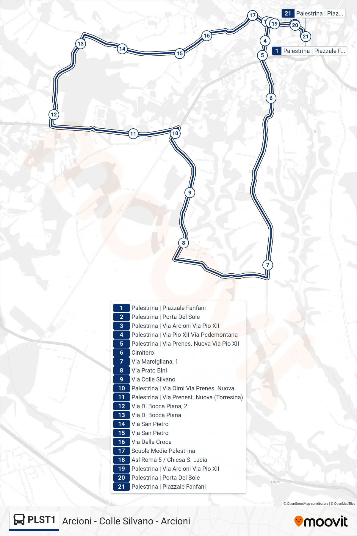Linea PLST1 bus (Arcioni - Colle Silvano - Arcioni) - Percorsi e fermate sulla mappa