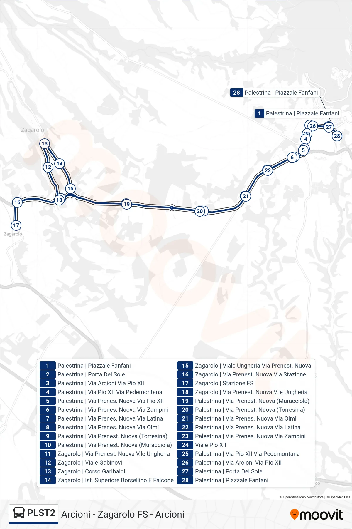 Linea PLST2  bus (Arcioni - Zagarolo FS - Arcioni) - Percorsi e fermate sulla mappa