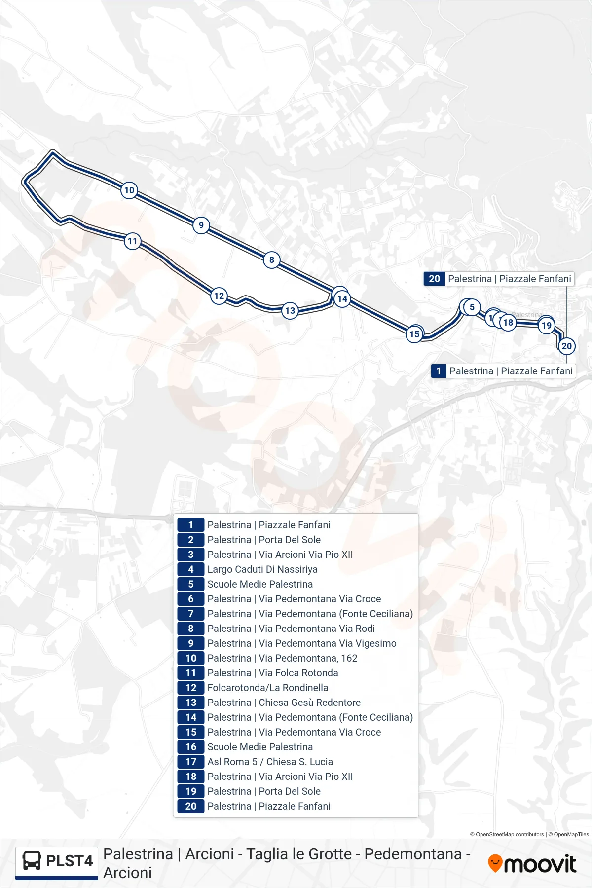 Linea PLST4 bus (Arcioni - Taglia le Grotte - Pedemontana - Arcioni) - Percorsi e fermate sulla mappa