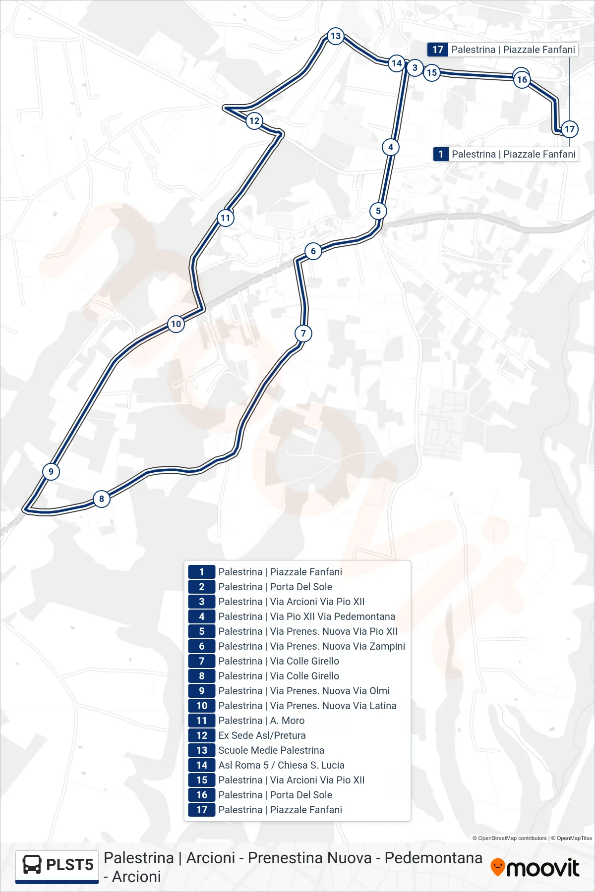 Linea PLST5 bus (Arcioni - Prenestina Nuova - Pedemontana - Arcioni) - Percorsi e fermate sulla mappa