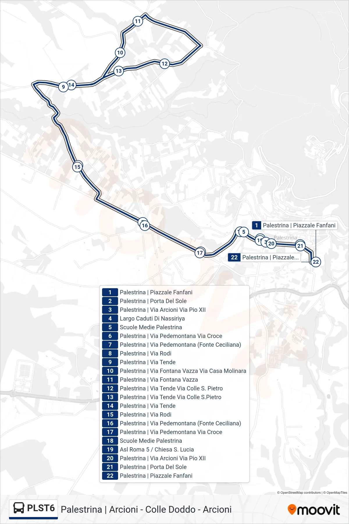 Linea PLST6 bus (Arcioni - Colle Doddo - Arcioni) - Percorsi e fermate sulla mappa